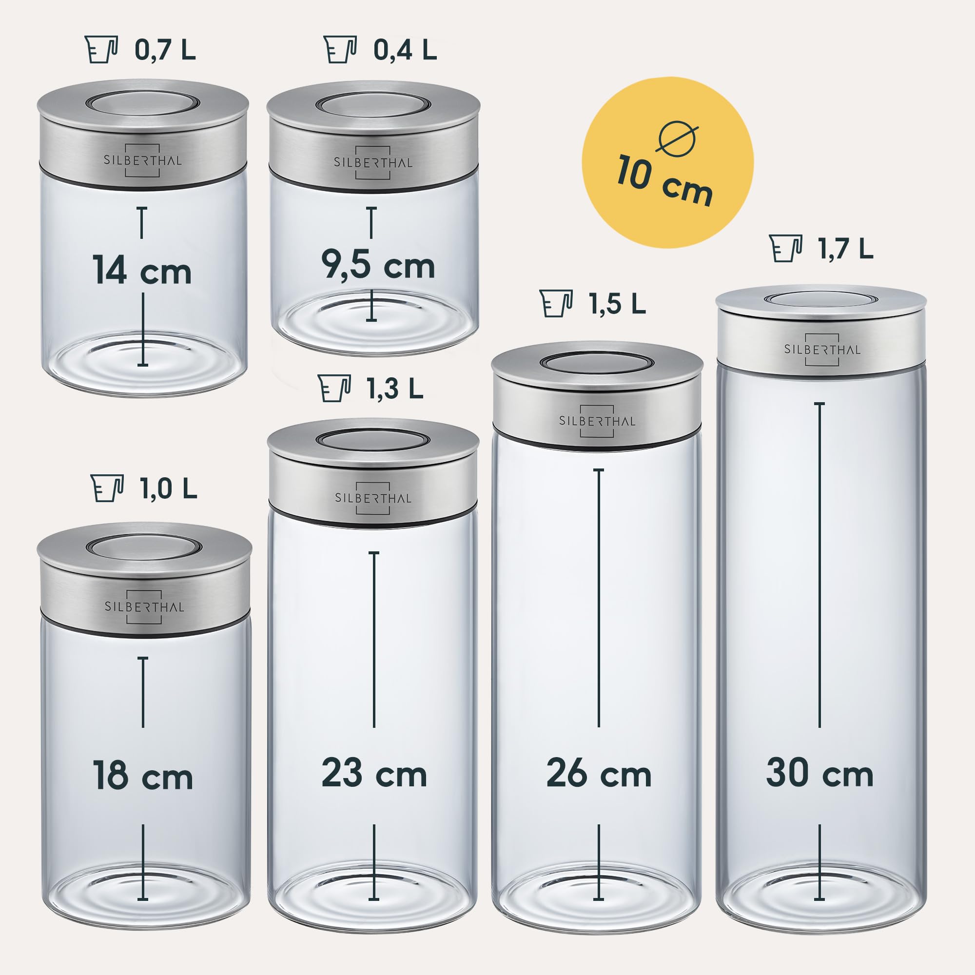SILBERTHAL Set 6 barattoli vetro ermetici e antitarme - Per dispensa cucina impilabili - 1,7+1,5+1,3+1+0,7+0,4L