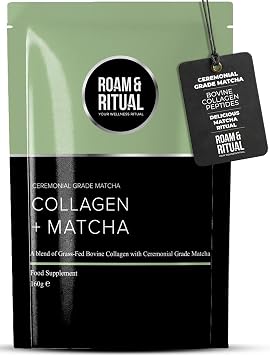 Collagen Matcha Powder | Hydrolysed Collagen Peptides with Ceremonial Grade Matcha | Plus Lion's Mane, Tremella & Biotin | Over 50% Protein per Serving | 160g UK Made Supplement by Roam & Ritual