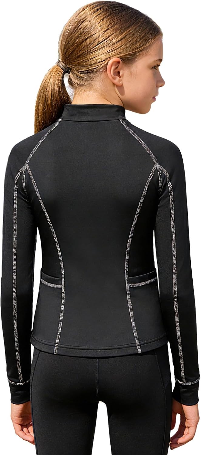 TTAO Kids Girls Horse Riding Shirts Long Sleeve Shirts for Equestrian Show Half Zip Athletic Yoga Jacket