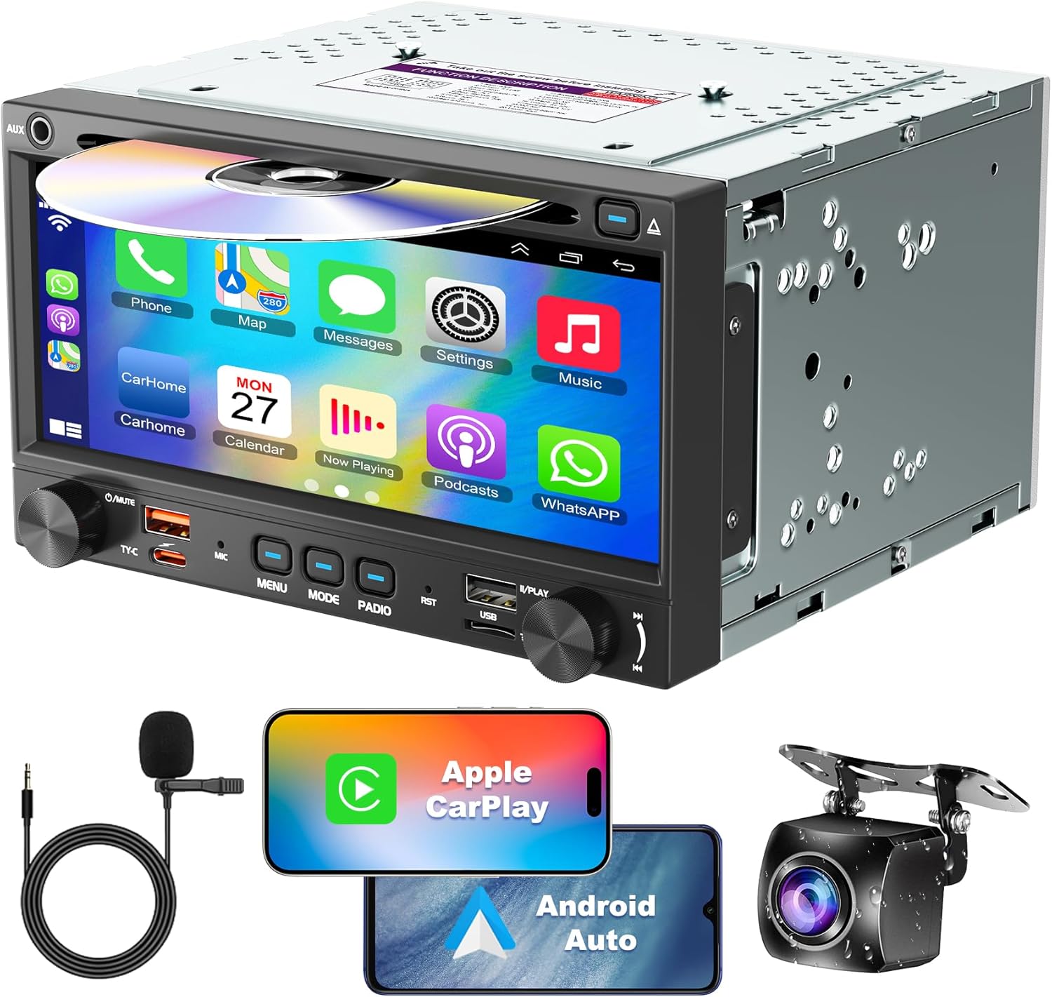 Double Din Car Stereo CD DVD Player with Wireless Carplay&Android Auto, 7 inch Car Radio 4.2-Channel Audio Output Bluetooth & Voice Control, Mirror Link, Backup Camera, AM/FM Radio Type-A/C Subwoofer