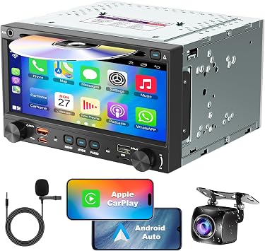 Double Din Car Stereo CD DVD Player with Wireless Carplay&Android Auto | 7 inch Car Radio 4.2-Channel Audio Output Bluetooth&Voice Control,Mirror Link,Backup Camera,AM/FM Radio Type-A/C Subwoofer