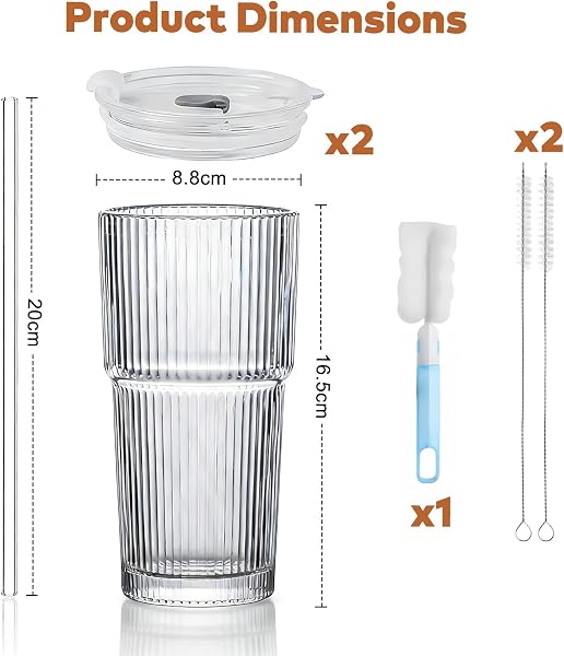 Lot de 2 gobelets en verre nervuré de 600 ml avec couvercle et paille, gobelets à smoothie à paroi épaisse et robuste en verre de qualité supérieure, design hermétique et étanche, idéal comme - 2