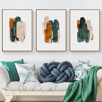 Warm Colors Boho Art Prints Mid Century Modern Canvas Poster Set Minimalist Abstract Geometric Wall Art Canvas Prints Boho Wall Art Geometric Rectangle Wall Art Shades of Green And Rust Set of 3