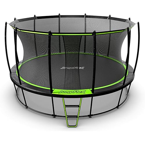 JumpFlex Hero Round Outdoor Backyard Trampoline with Net Safety Enclosure and Ladder - Heavy-Duty Jumping Trampoline Play Equipment for Family