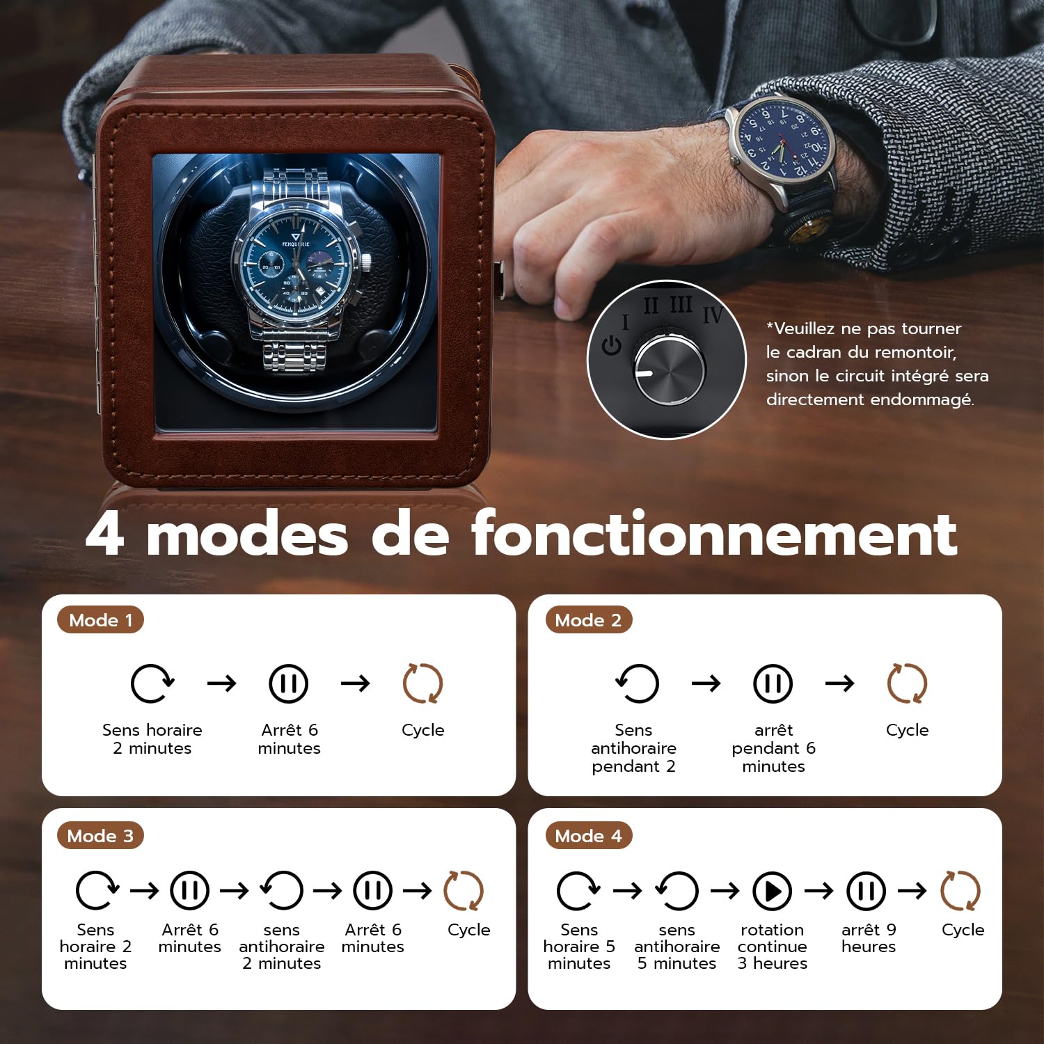 Mcbazel Remontoir 1 Montre Automatique - Moteur Ultra Silencieux avec Lumière LED, 4 Modes de Rotation, Boîte en Cuir PU, Affichage à 90° pour Montres Automatiques/Alimenté par USB – Marron