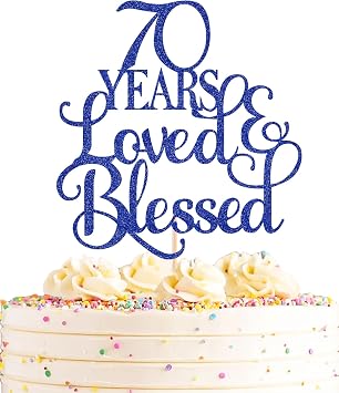 70 Years Loved Cake Topper - Royal Blue Glitter 70th Birthday Cake Decorating Supplies, Perfect for Wedding, Anniversary or Birthday Party Decorations, Photo Booth Props