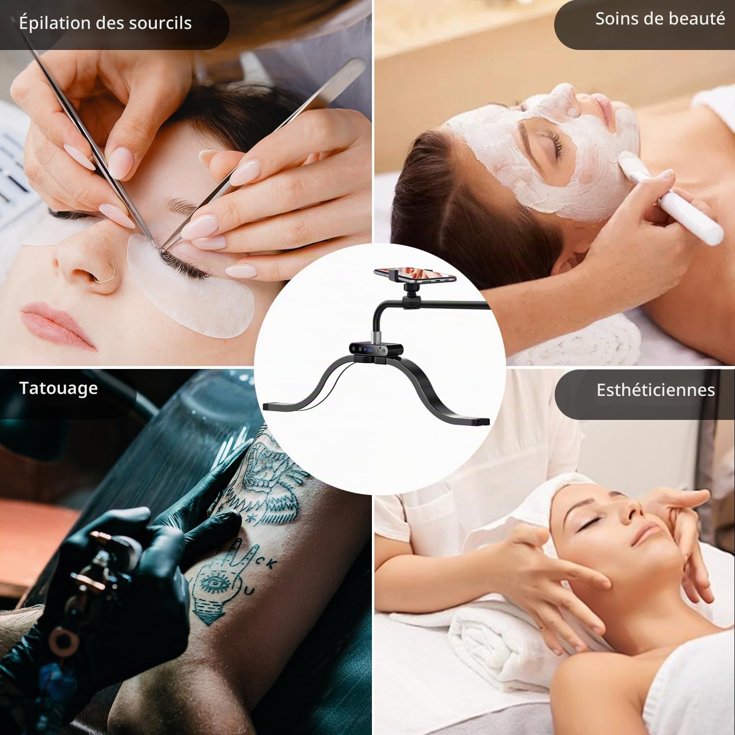 Lampe Lune Extensions de Cils LED avec Support pour Téléphone, Luminosité et Hauteur Réglables