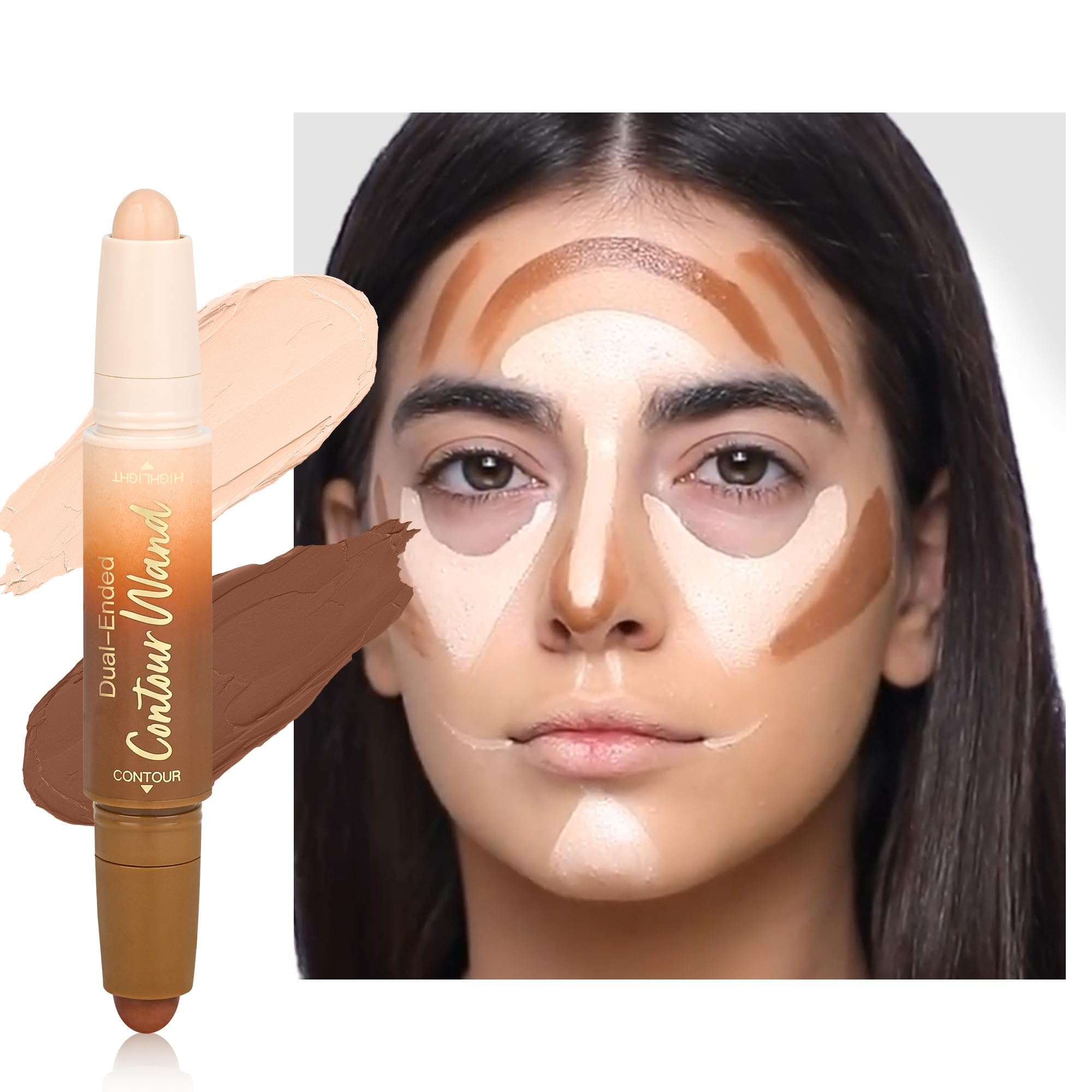 Contour Highlighter Stick，2-in-1 Dual-Ended Cream Bronzer & Highlighter Sticks Pen for Face Body Contouring Makeup- Buildable，Waterproof, Easy to