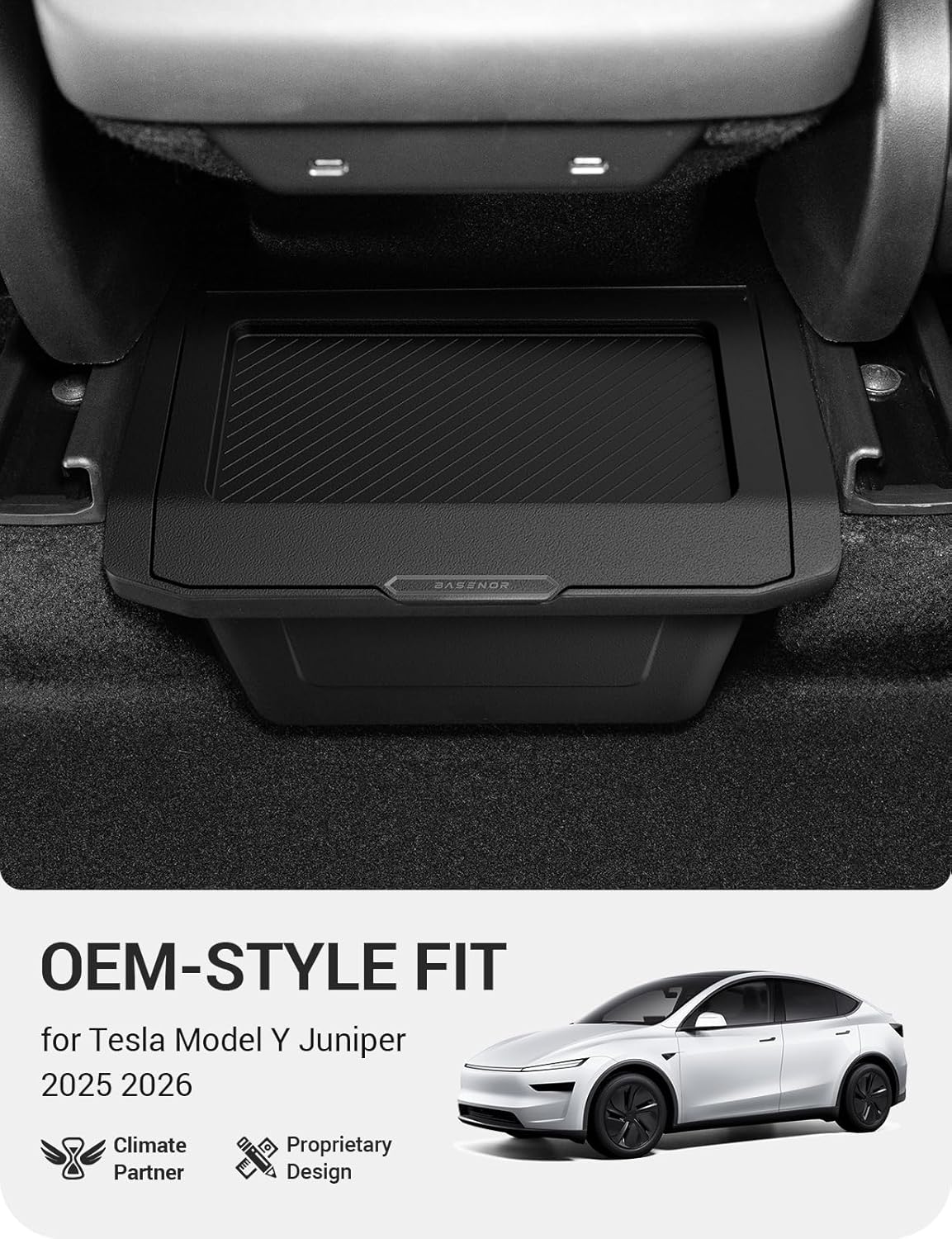 BASENOR 2026 2025 Tesla Model Y Juniper Rear Center Console Organizer, TPE Dustproof Trash Can with Anti-Slip Lid Garbage Bin Backseat Storage Box for Model Y Premium/Performance