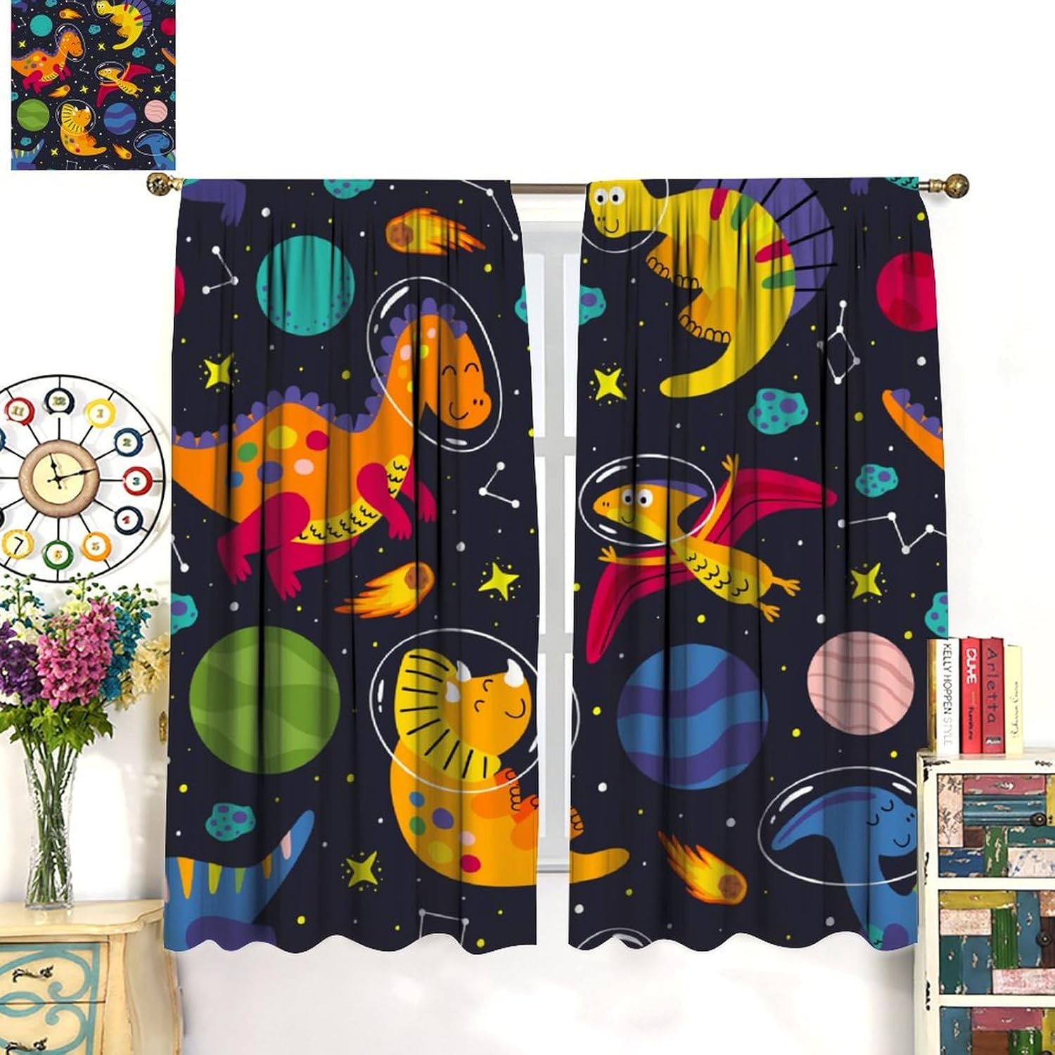 Kids Dinosaur Curtains, Cartoon Dino Outer Space Blackout Window Treatments for Girls Boys Bedroom Cute Safari Animal Planet Starry Star Window Drapes for Children Living Room W63xL72in