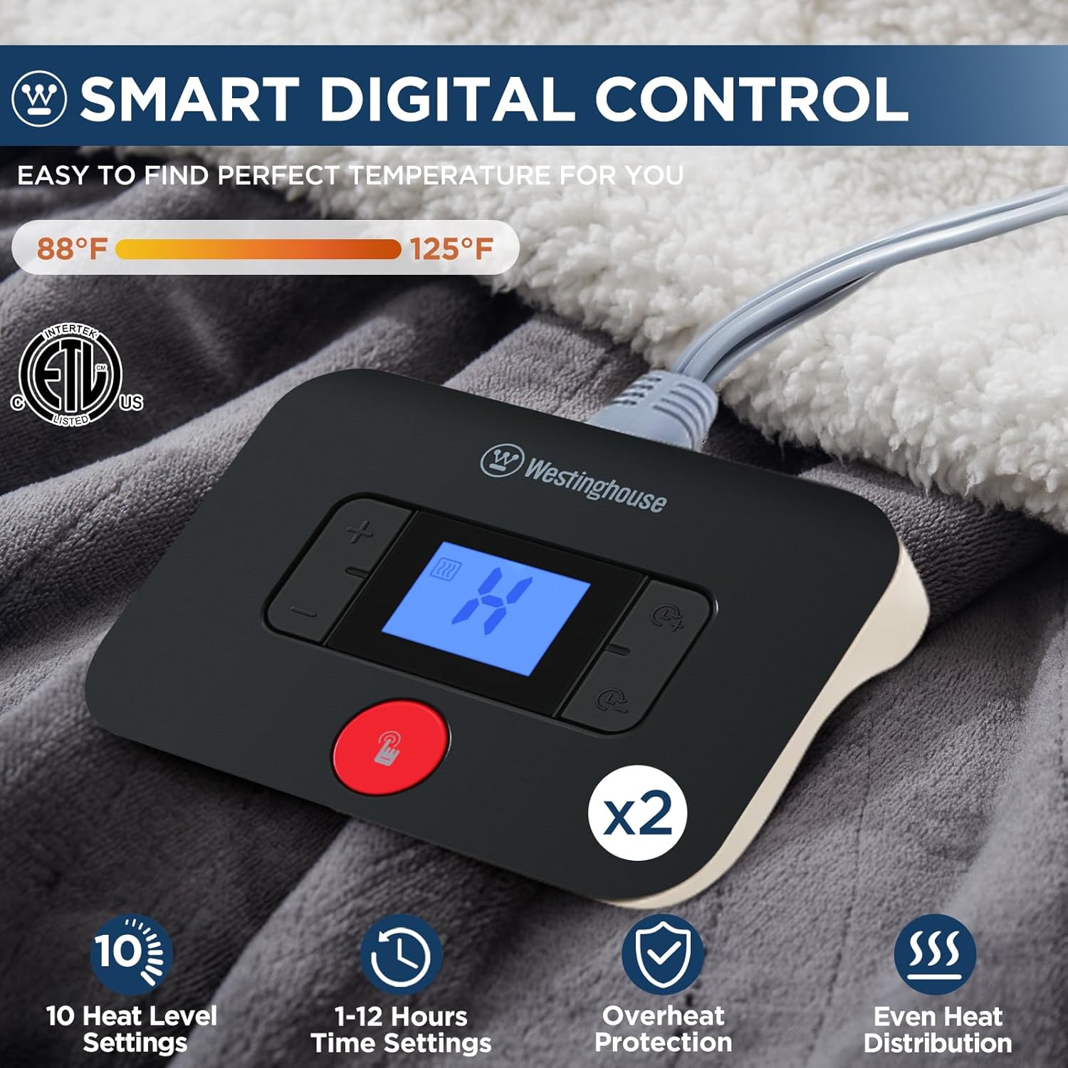 westinghouse electric blanket king, heated blanket king size with 10 heating levels and 1 to 12 hours heating time settings, flannel to sherpa reversible, machine washable (90" x 100", charcoal) charcoal king 90"x100"