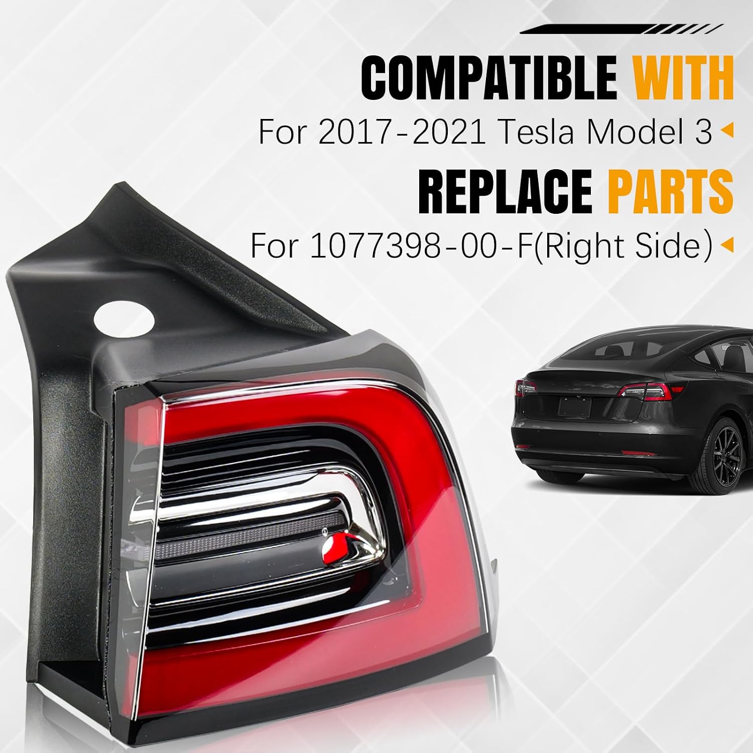 3Pin Right LED Tail Light Assembly,Compatible With Tesla Model 3 2017 2018 2019 2020 2021 2022 2023,Rear Passenger Side Brake Outer Tail Lamp,For 1077398-00-F