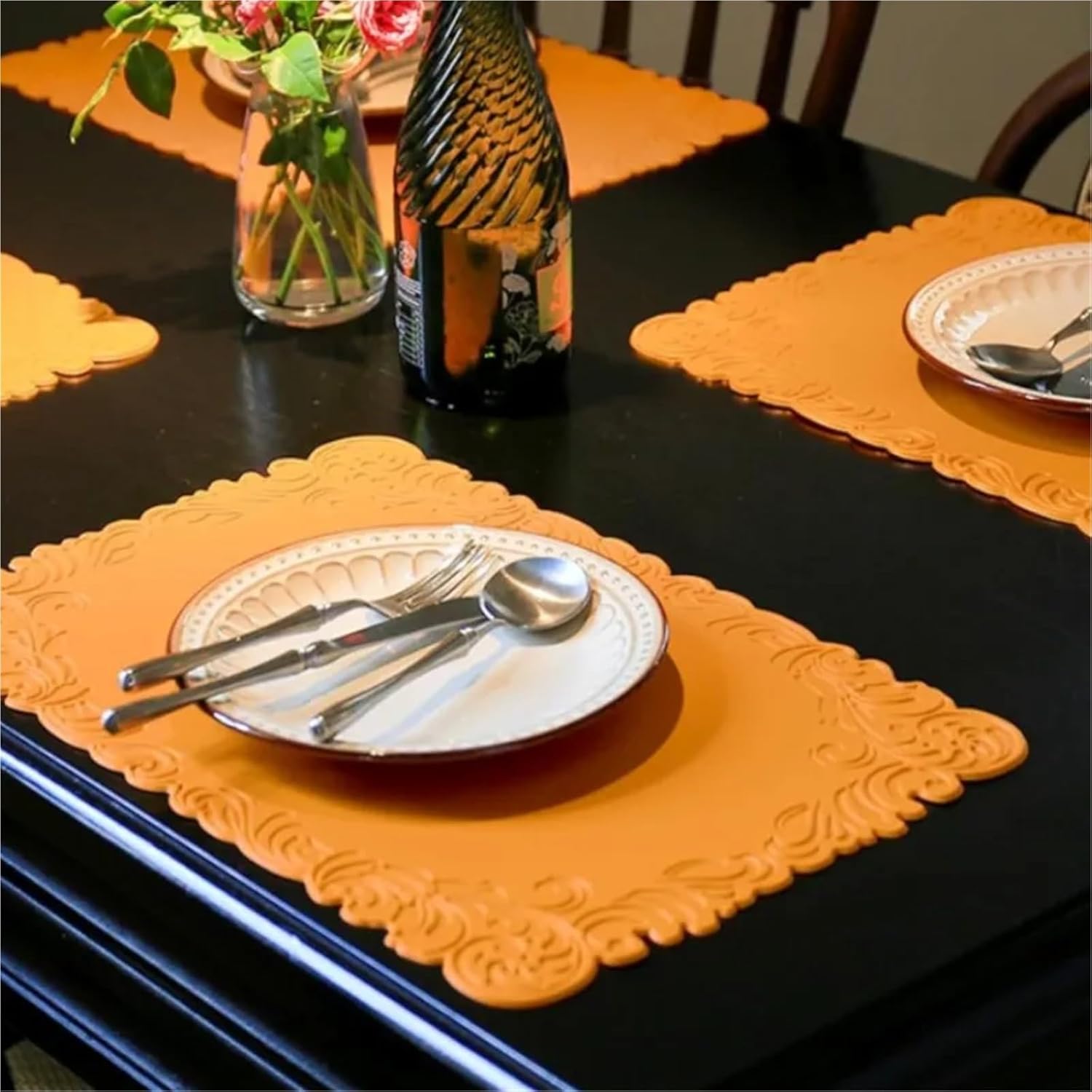 Orange Placemats Square Shaped Faux Leather Table Mats Pad Kitchen Accessories Outdoor Indoor Place Mats Pad(DFB Blue,1pcs 30x45cm)