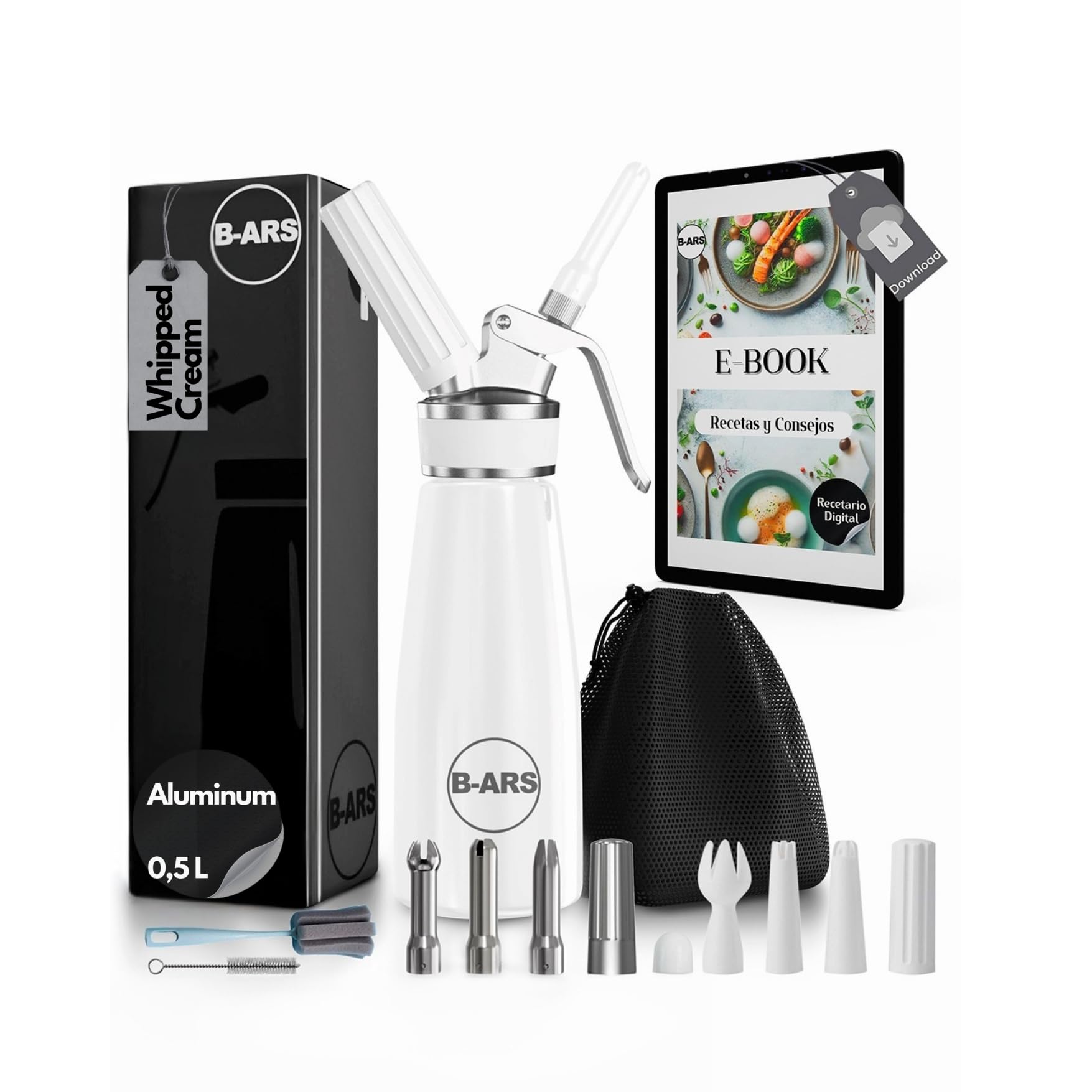 B-ARS Whipped Cream Dispenser-Professional Dispenser-Whip Cream Dispenser -Whipping Siphon-Whipped Cream Maker-Cream Whipper-Aluminum Whipped Cream Dispenser 500 ml. (White)
