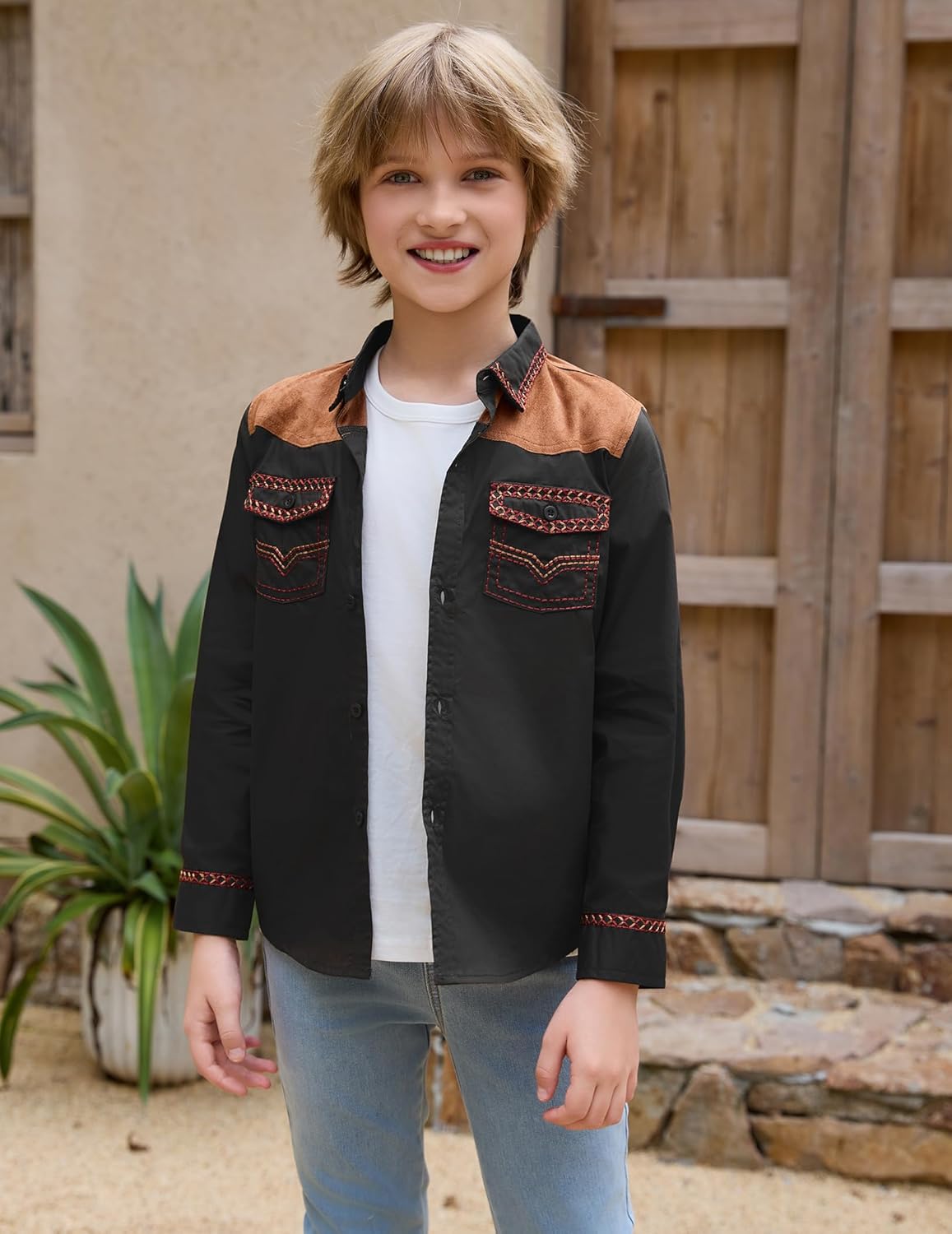 Boy's Western Cowboy Shirt Embroidered Long Sleeve Regular Fit Casual Cotton Button Down Hippie Shirts with Pockets - Image 2