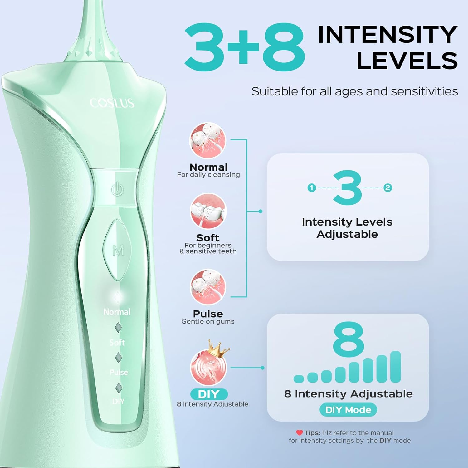 COSLUS Water Dental Flosser Pick for Teeth C30(FC5360): 4 Modes Cordless Portable 300ML Larger Tank Water Teeth Cleaner IPX7 Waterproof Flossing Cleaning Picks for Home Travel Green