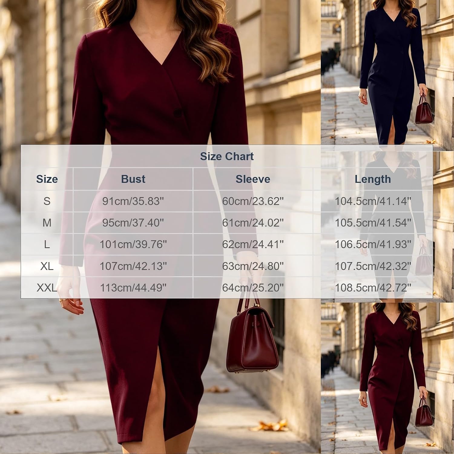 Women's Wrap Midi Dress Long Sleeve V Neck Business Casual Dresses
