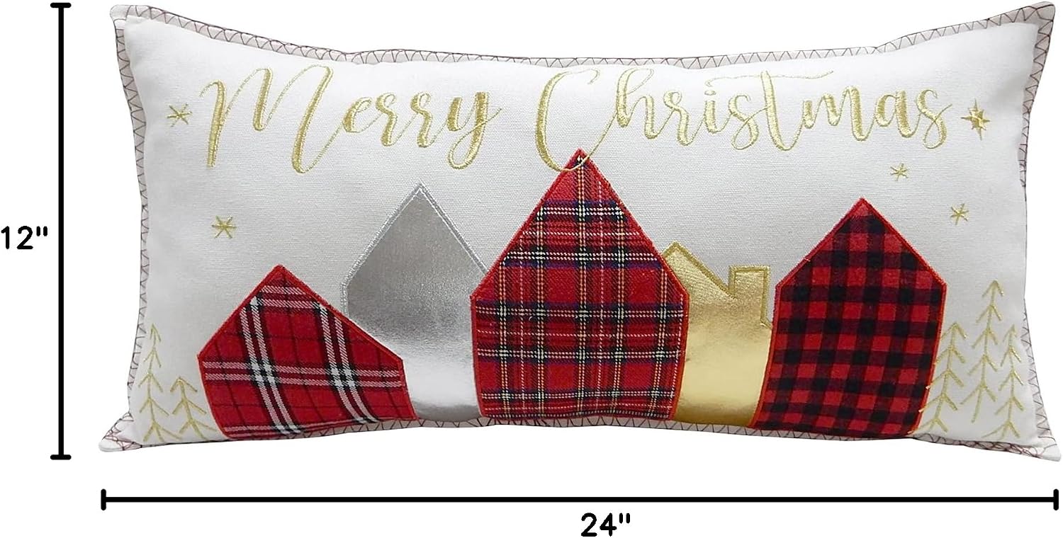 Levtex Home - Christmas Decorative Pillow (12X24in.) - Plaid Village - White, Gold, Silver, Red, and Black