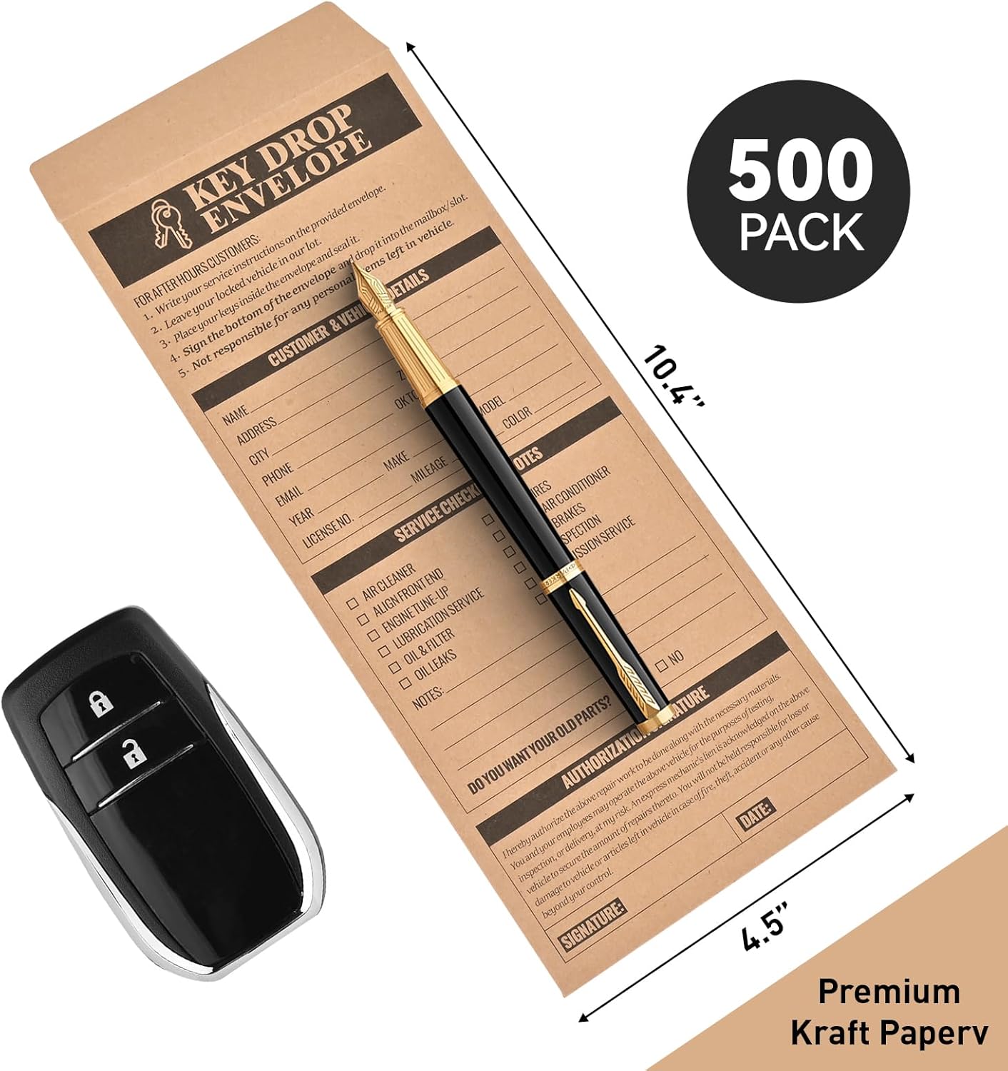 500 Pcs Key Drop Envelopes, #10 Self-Sealing, 28lb Brown Kraft Paper Night Drop Off Envelopes for for Auto Repair Shop, Mechanics & Drop Box 4.125 x 9.5 Inches