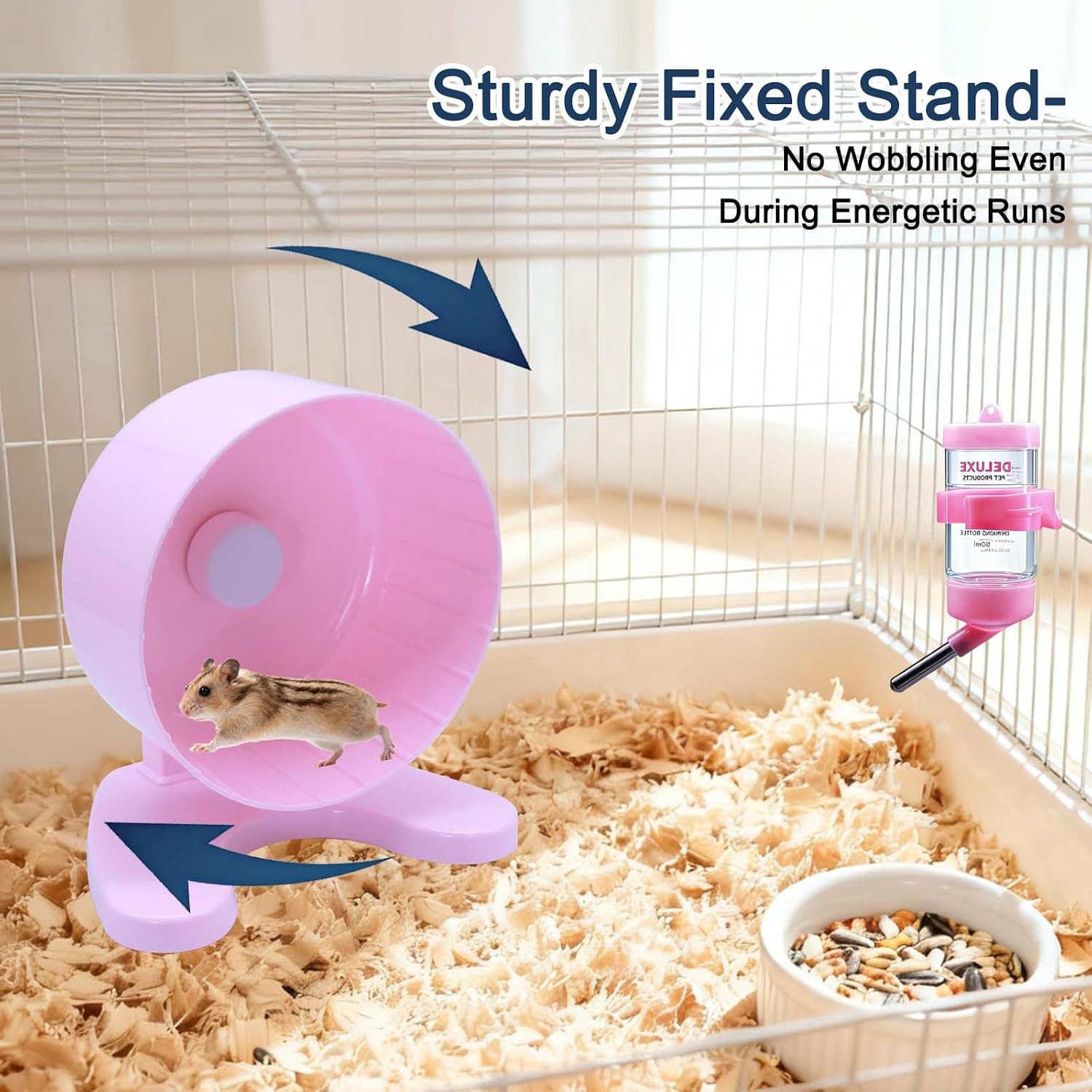 6.5" Hamster Exercise Wheel with Drinking Bottle, Hamster Exercise Wheel for Gerbils, Syrian & Dwarf Hamsters, Chinchillas, Hamster Running Wheel Noiseless Spinning Design for Other Small Pets, Pink