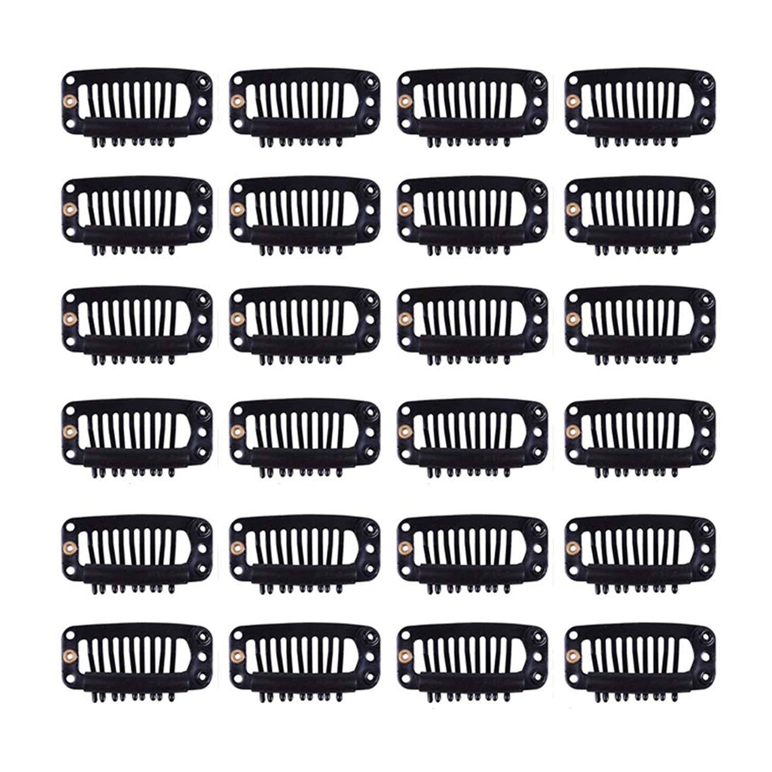 ELECDON U Shape Metallic Snap Clips Ins for Hair Extension Hairpiece DIY Snap-Comb Wig Clips Weaving Thread, Curved Needles, T-Pins for Wig Making Hair Extension with Rubber Black, 10-Teeth 6 holes