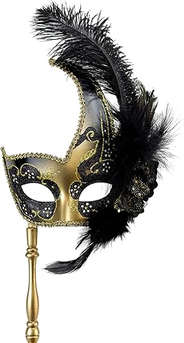 Holding Stick - Máscara de plumas con palo de Mardi Gras, máscara de encaje para mujer, disfraz de plumas de pavo real, máscara veneciana