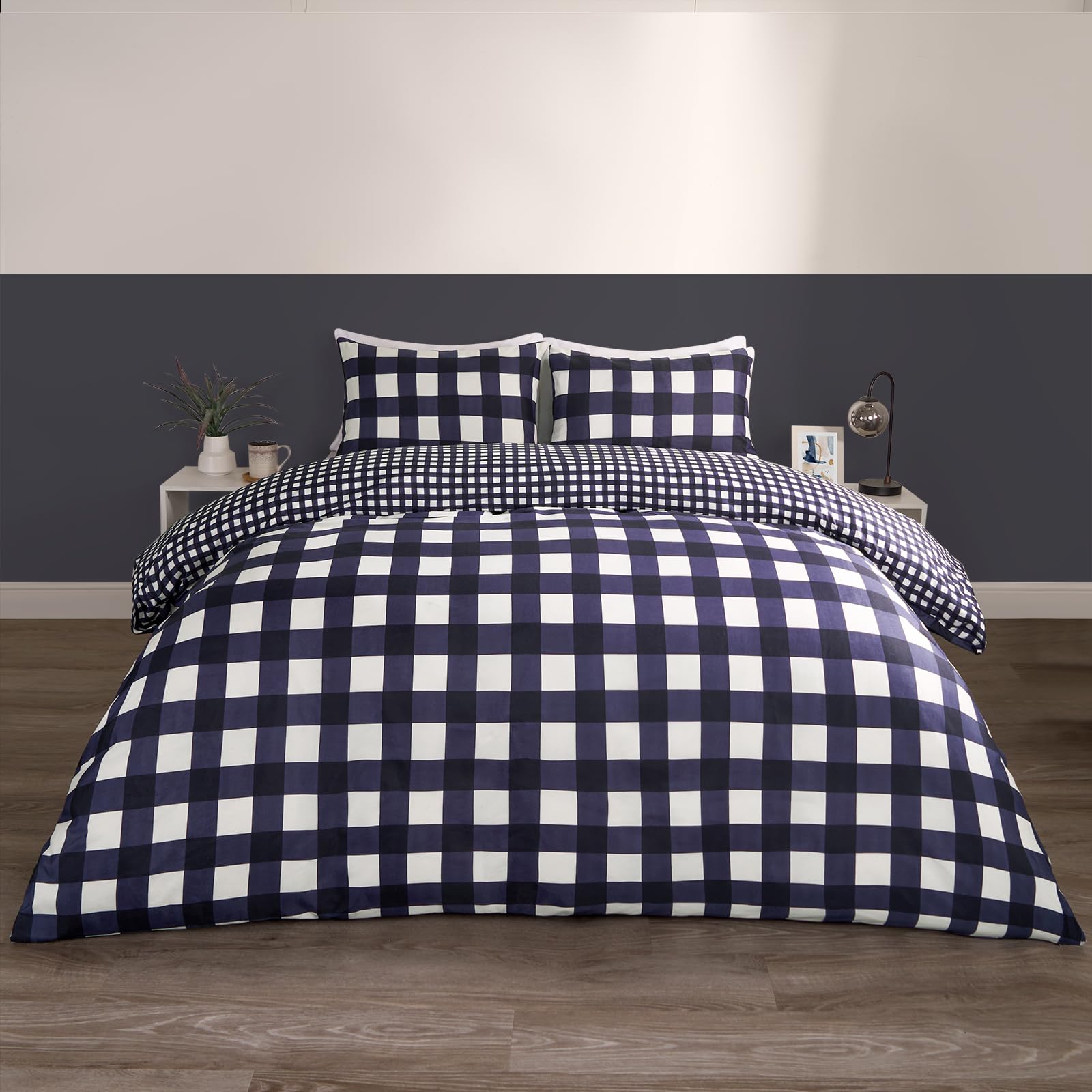 OHS Gingham Bedding Blue, Single Duvet Covers Set Reversible Plaid Check Duvet Quilt Cover with Pillowcase Super Soft Luxury Decorative Single Bedding, Navy BlueOEKO-TEX STANDARD 100