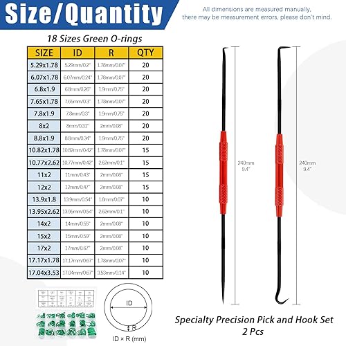 Miniatura 2 de Glarks 270 piezas de 18 tamaños de junta tórica de goma verde con 2 piezas de mini selección de precisión especial y kit surtido de ganchos para