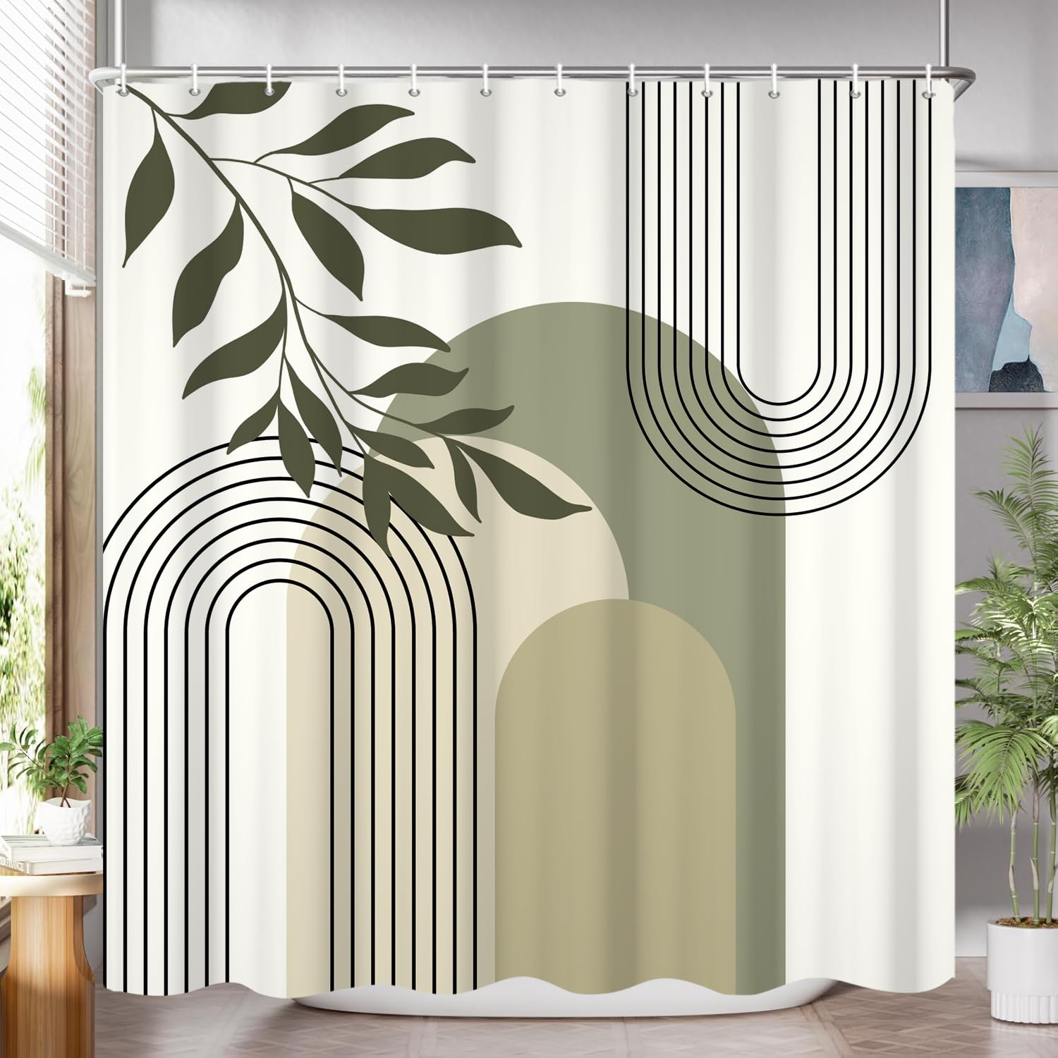 GCIREC Shower Curtain, 180x200cm, Sage Green Boho Mid Century Modern Abstract with Minimalist Leaf Waterproof Fabric Machine Washable Bathroom Curtain with Hooks