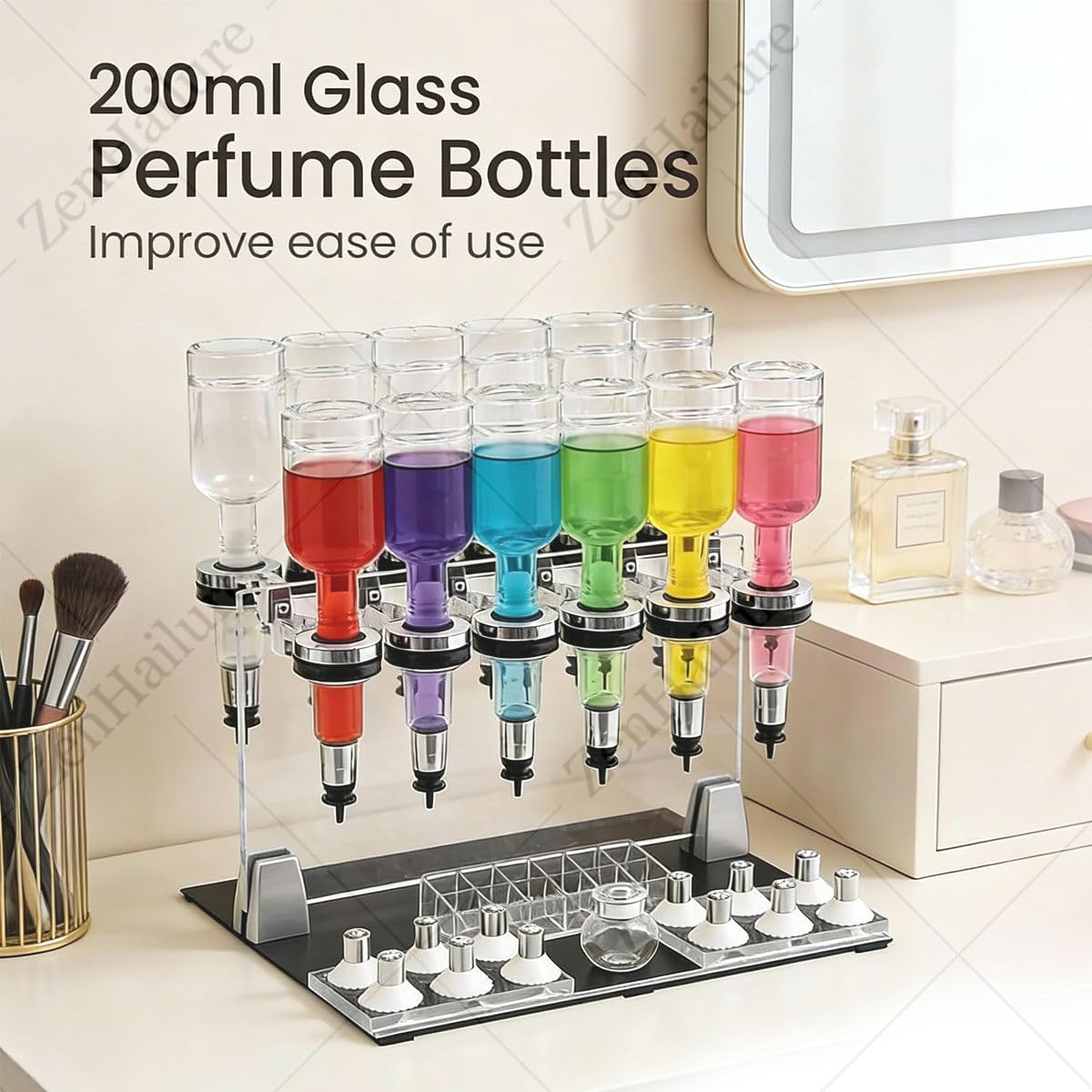 Ręczna pompka dozująca perfumy, zestaw szklanych butelek perfum z 12 stojakami testerowymi, płynny wypełniacz 200 ml, do sklepów i barów, łatwa stacja do napełniania
