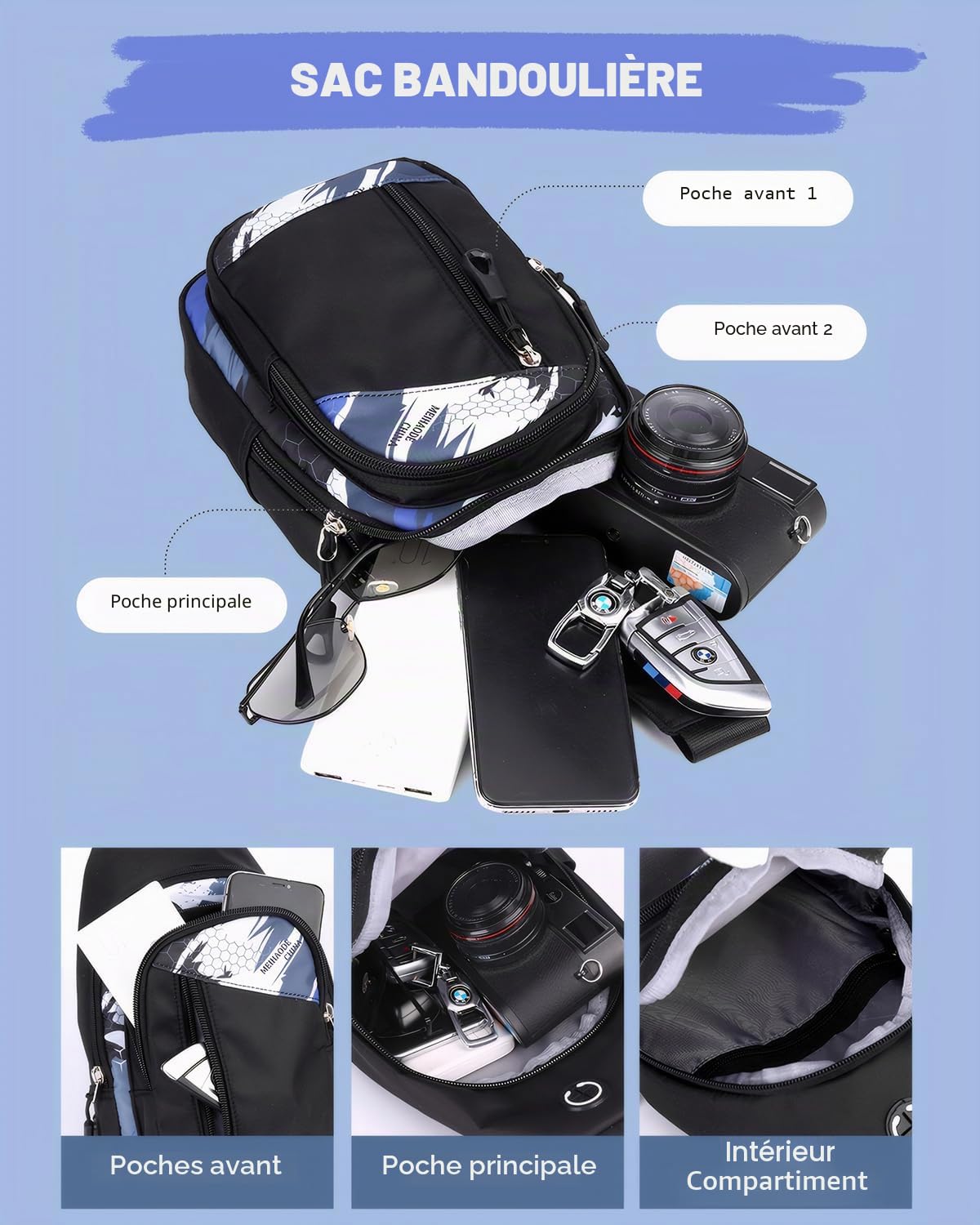 Tanou Sac a Dos College ado Garcon de 2 Pièces, Grand Cartable Garcon Primaire Sacs à Dos pour Enfant Impermeable, Sac Ecole Renforcé Daypack en Nylon pour Garçons 10 à 18 Ans, Camouflage Bleu