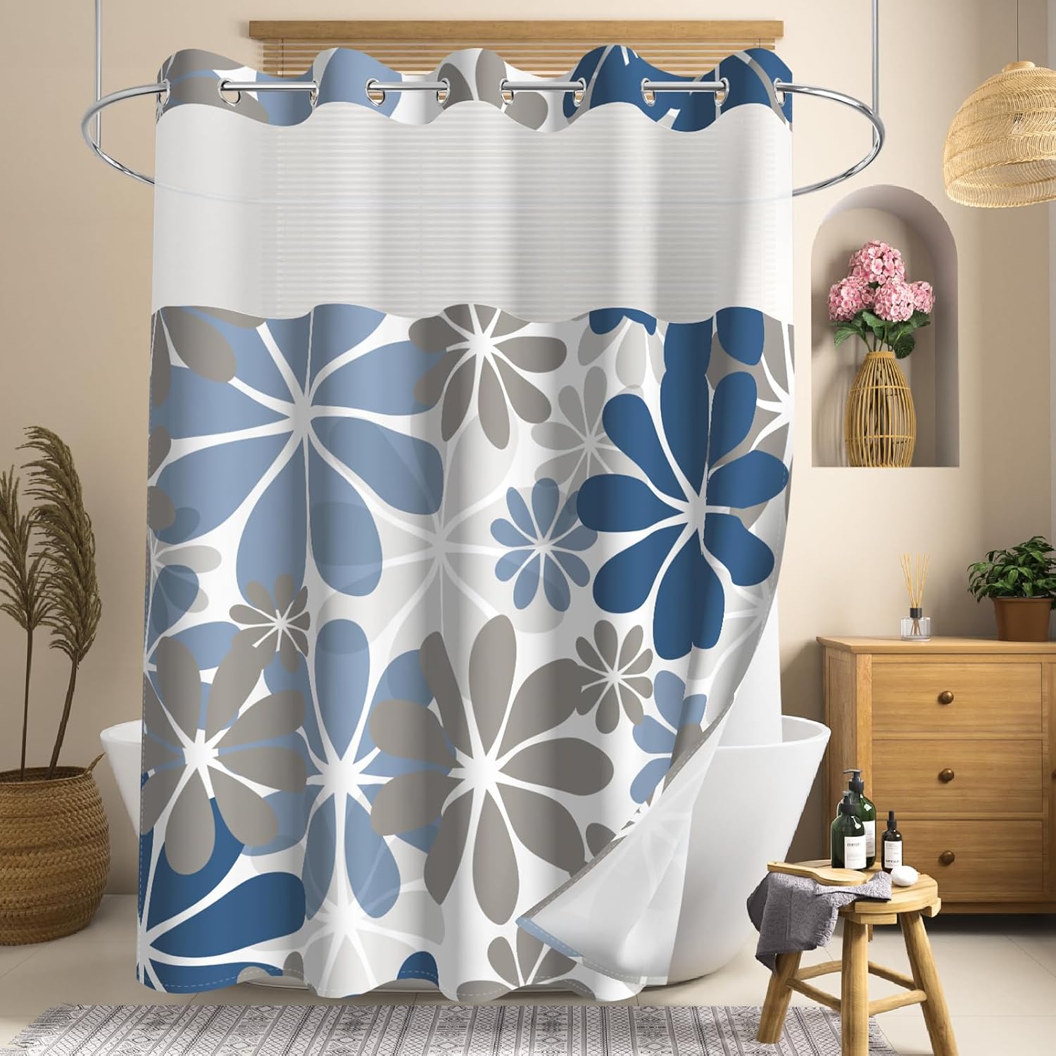 No Hook Shower Curtain and Liner Set, Fabric Shower Curtain Liner with Weighted Bottom, Boho Gray Blue Floral Shower Curtains for Bathroom, Waterproof Bath Curtain with Top Mesh Window, 71x74 Inches
