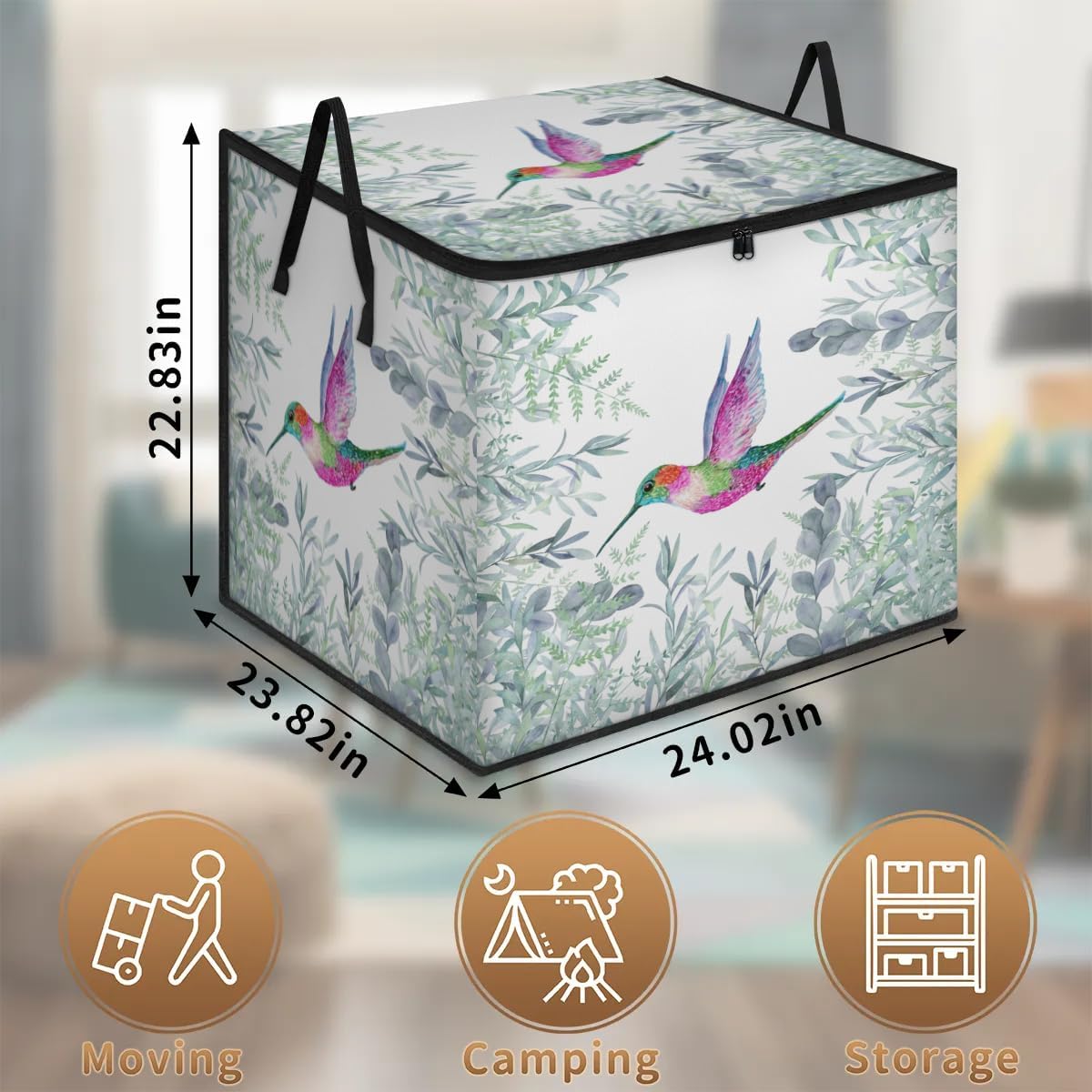 Honeybaby 214L Extra Large Comforter Storage Bag Hummingbirds Eucalyptus Storage Totes with Lids Waterproof Closet Organizer Folding Blanket Storage Bags for Clothes Bedding Pillows
