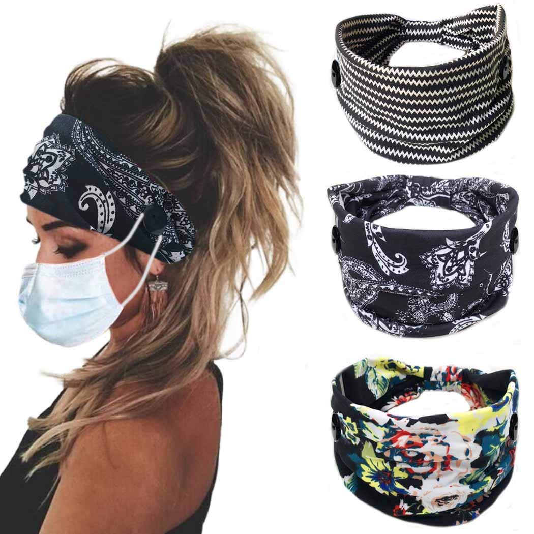 Bohend Boho Button Headband Wide Stretchy Daily Use Knotted Headwear Sport Athletic Yoga Gym Hair Accessories for Women and Girls(3pcs) (B)
