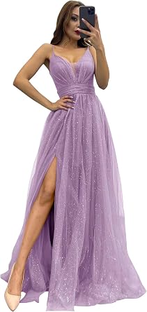 A-Line Sequins Long Tulle Prom Dress,Spaghetti Sleeveless Formal Evening Dress Ball Gown for Women Purple
