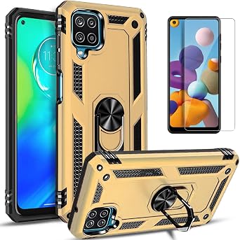 STARSHOP Compatible with iPhone 14 Case, with [Tempered Glass Screen Protector Included], Military Grade Shockproof Drop Protection Phone Cover with Metal-Rotatable Ring Kickstand- Gold
