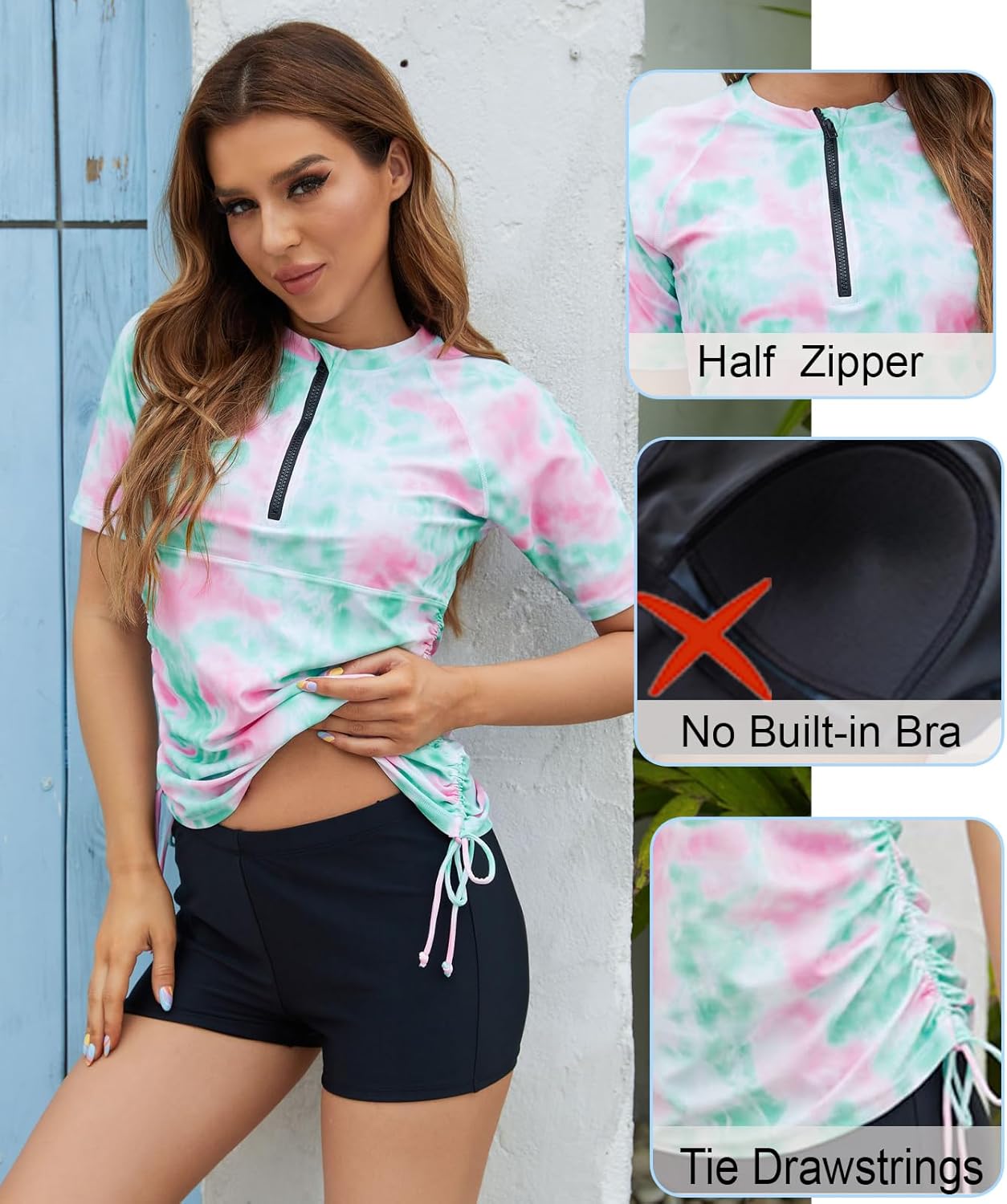 Halcurt Women's Half Zip Short Sleeve Rash Guard Swim Shirt with Tie Drawstring UPF50+ Swimsuit Top - Image 4