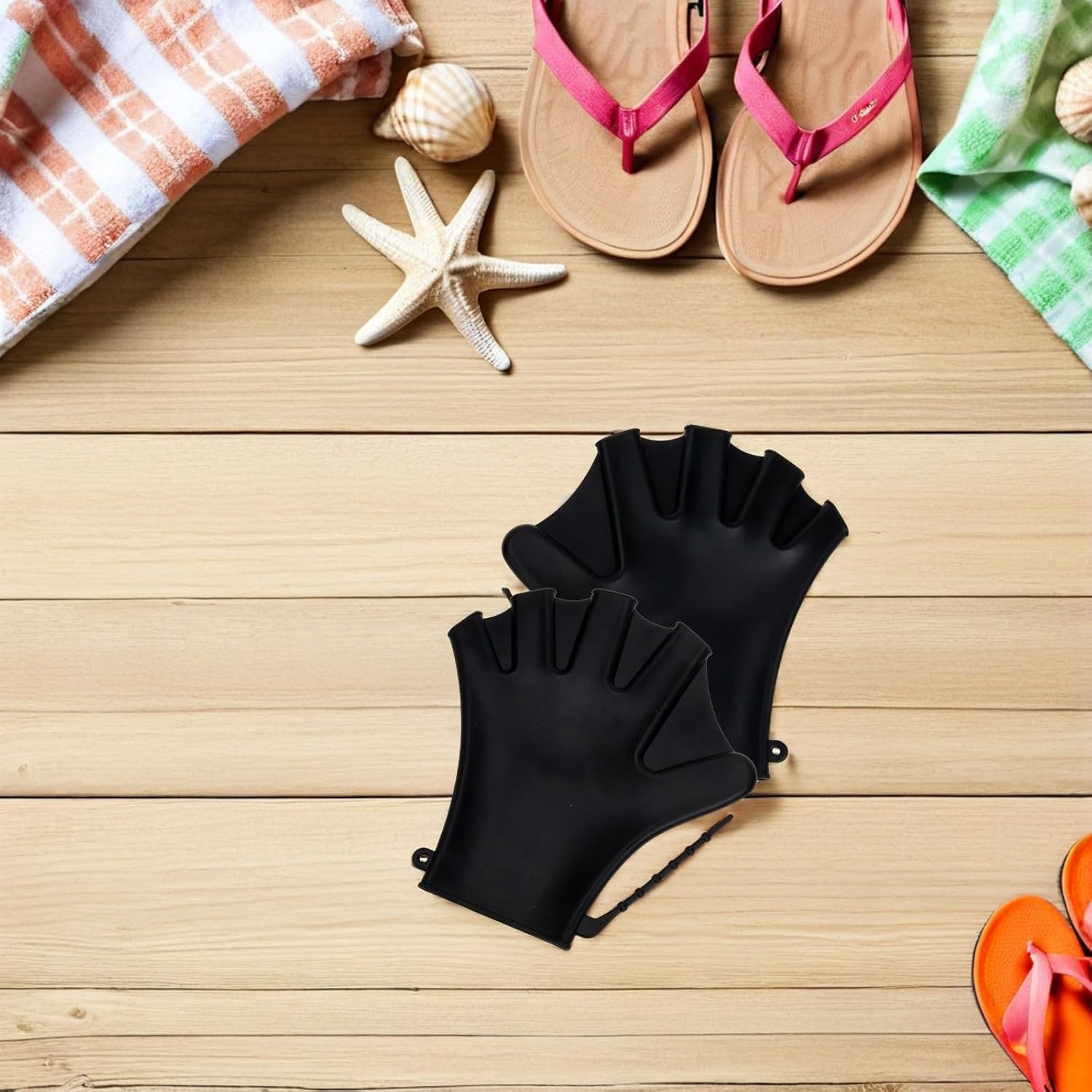 Ciieeo Swimming Training Gloves and Silicone Hand Fins, Adjustable Waterproof Webbed Swimming Mittens for Adults, 2 Pairs Black Swim Paddles for Pool Aquatic Sports