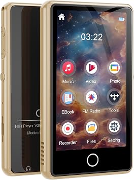 مشغل MP3 مع بلوتوث، مشغل موسيقى رقمي بسعة 80 جيجابايت، مشغلات MP3 وMP4 محمولة مع مكبر صوت، راديو FM، مسجل صوت، تكرار عشوائي، حتى 256 جيجابايت، ذهبي
