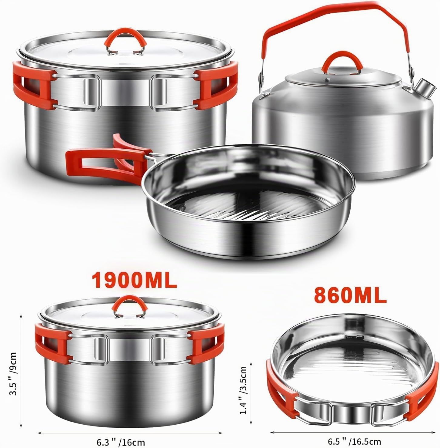 Set di pentole da campeggio, in acciaio inox 304, set di pentole e padella, con bollitore, tazze, piatti, forchette, coltelli, cucchiai per campeggio, attività all'aperto, escursioni, picnic, RVs per