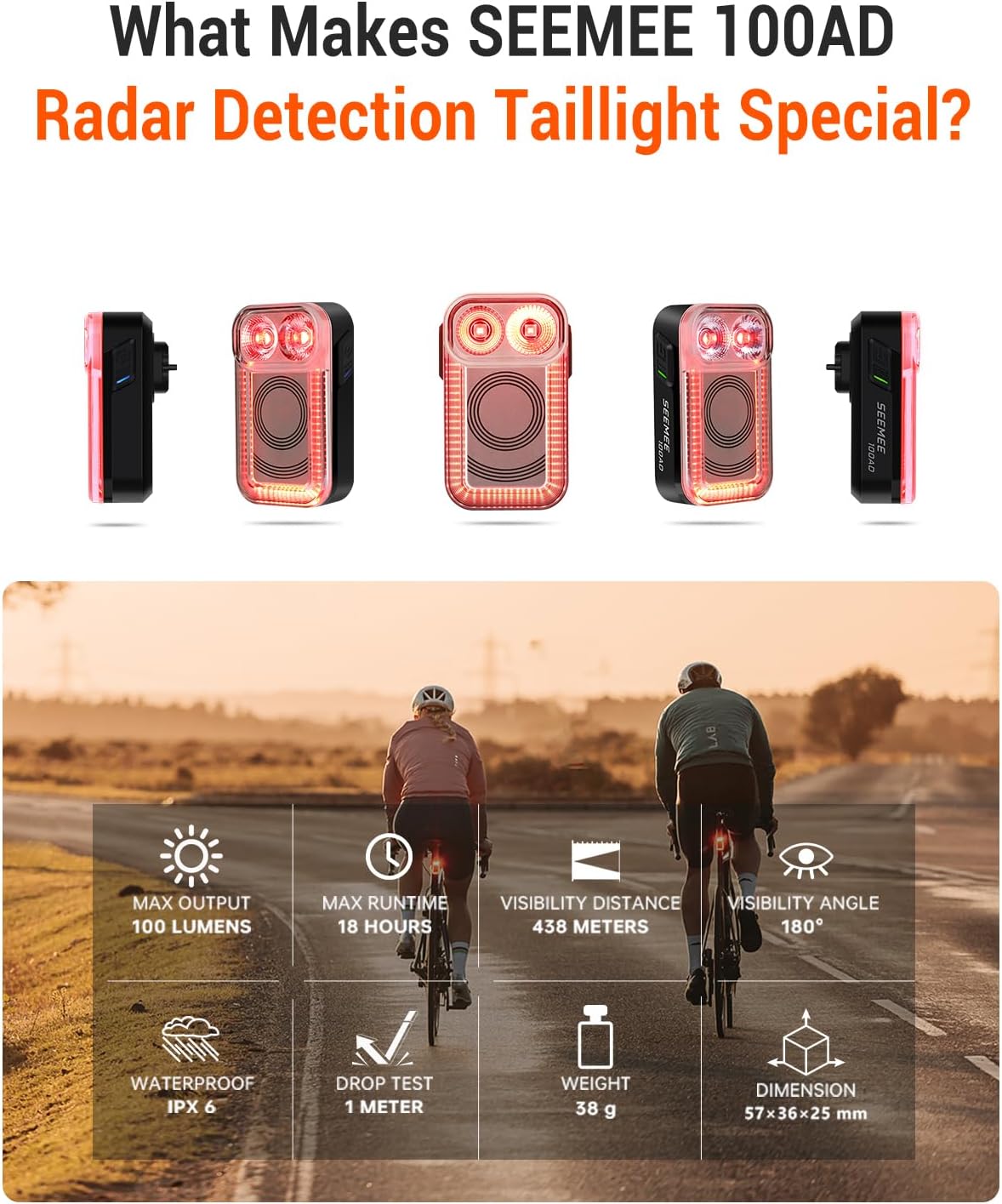 Magicshine Bike Tail Light Radar SEEMEE 100AD, FTR LightSync Control, Radar Bike Rear Light with USB Rechargeable 700mAh IPX6 100 Lumen, Bicycle Taillights for Night Riding, Smart Cycling Safety