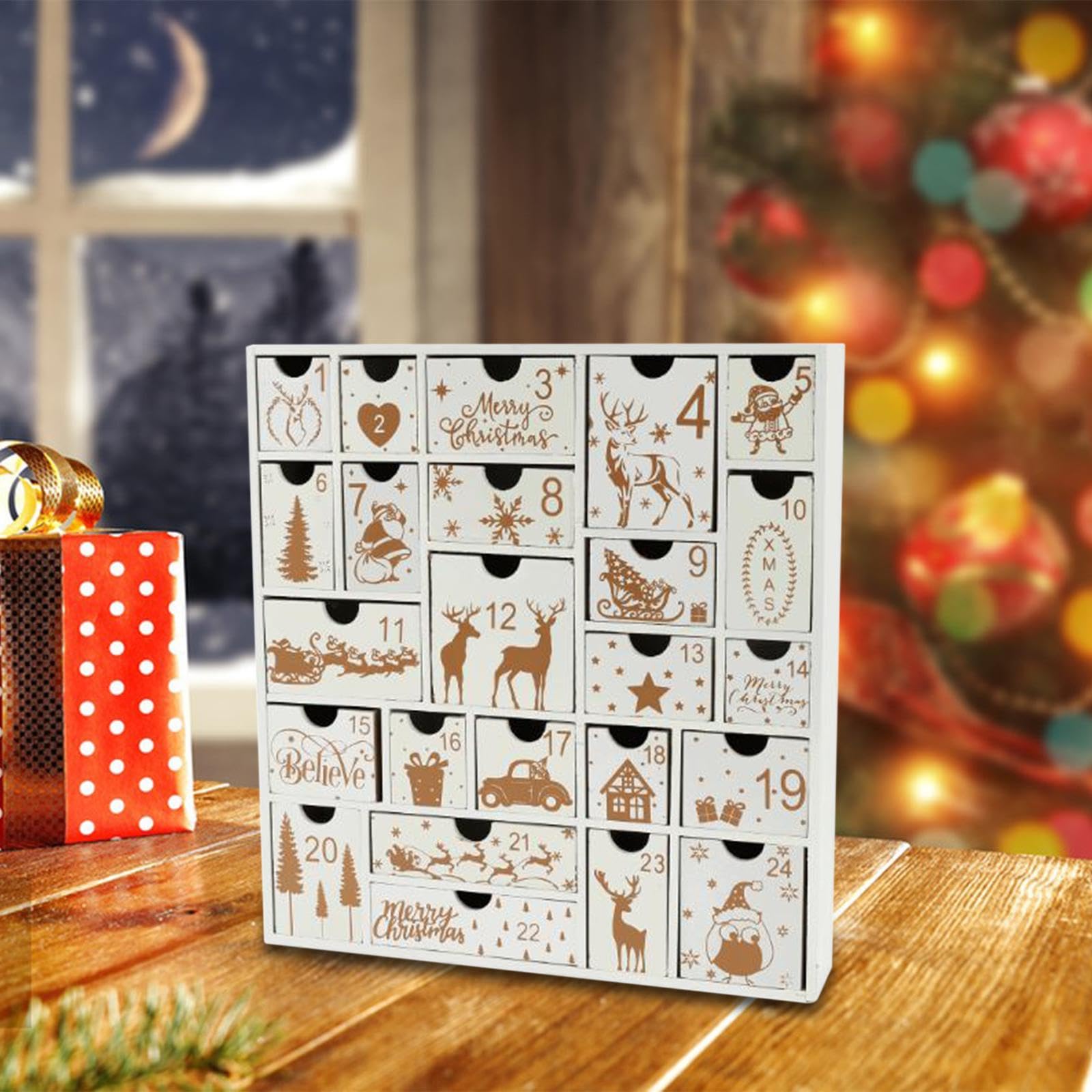 Adventskalender Holzbox 24 Aufbewahrungsschubladen Weihnachtsdekoration Geschenkbox Befüllbar Zählkalender für Kinder Erwachsene Wohnzimmer Büro Festl, Weiß