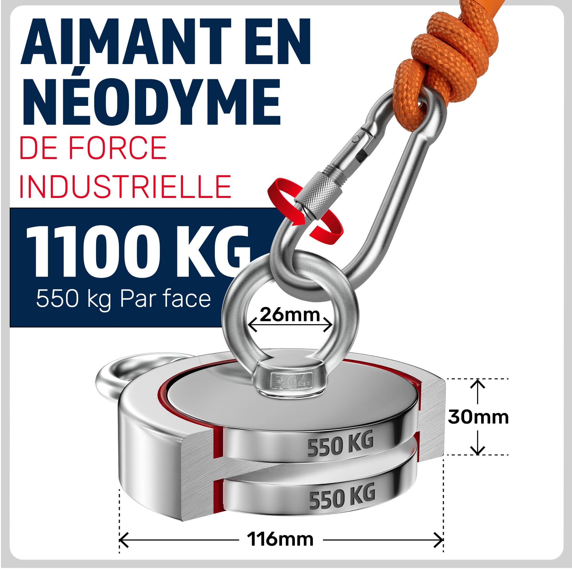 MAGFISHION Aimant Neodyme Puissant - Traction de 1100KG (2 x 550kg) - Aimant de Pêche - Ø116mm - Peche a l'aimant avec de Corde (20M) et Gants - Kit de Pêche Super Magnétique