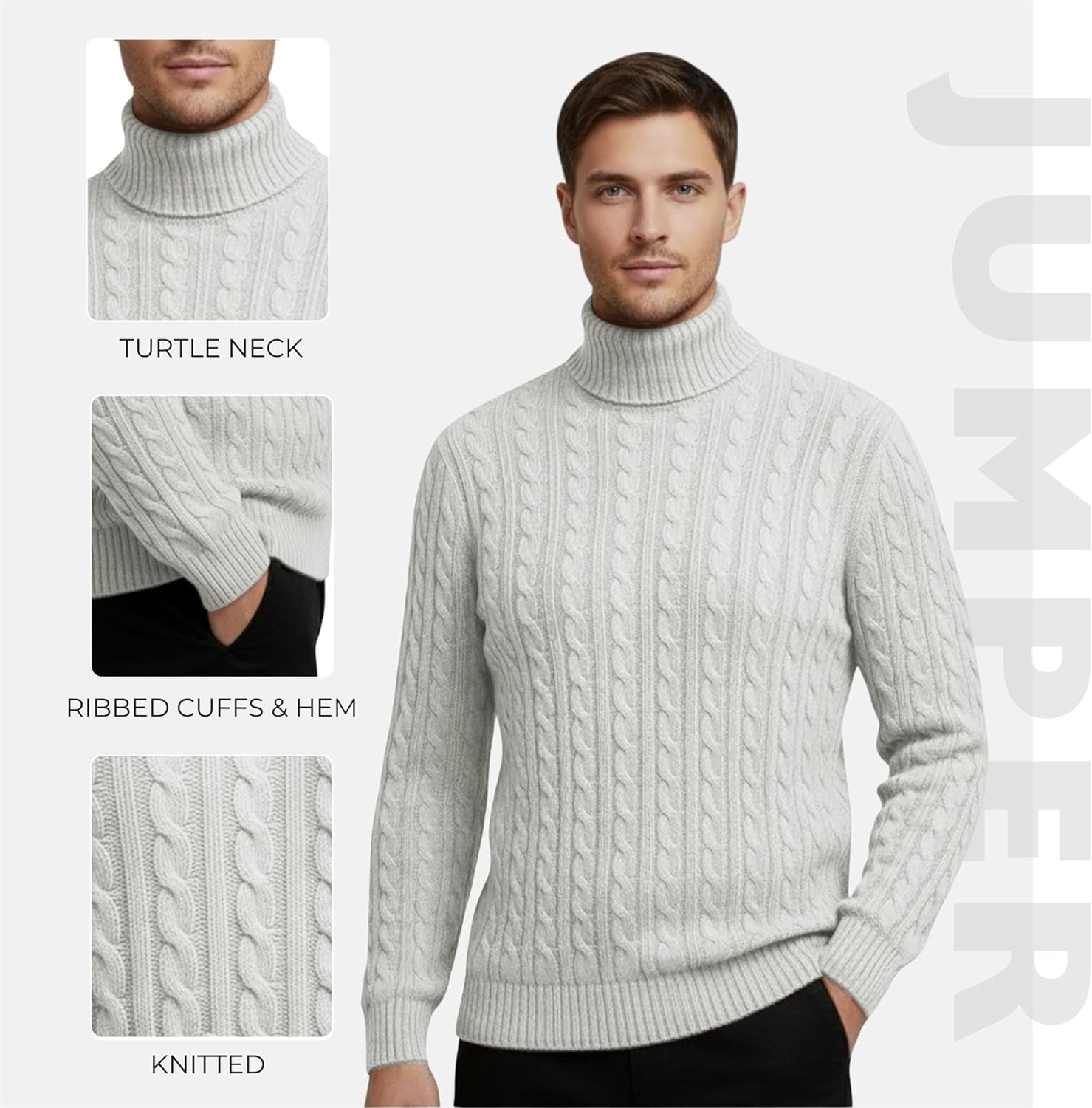 Janisramone® Mens High Polo Roll Neck Jumper, Long Sleeve Cable Knitted Pullover Mens Sweater, Casual Turtle Neck Jumper Grey