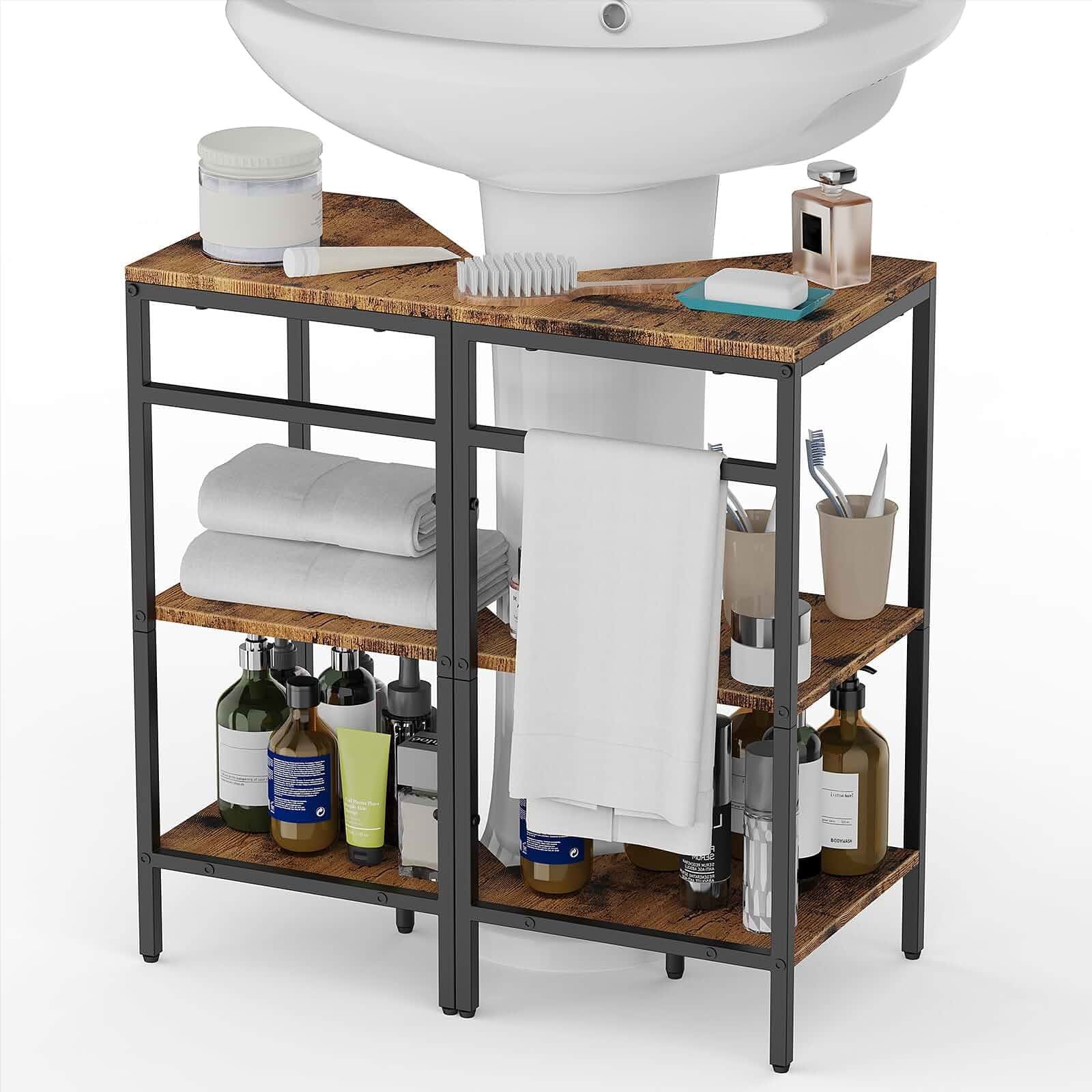 CADUKE Pedestal Sink Storage, 2 Pack Bathroom Under Vanity Storage Shelf Under Sink Organizer Shelf, Bathroom Organizers Rack Stand, 3 Tier Wooden Corner Shelves, For Small Space, Rustic Brown