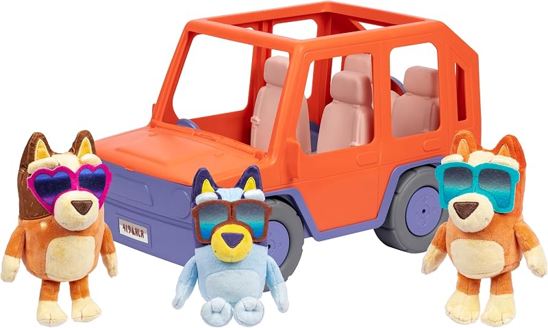 Bluey Big Heeler 4WD Toy Car, Bingo & Chilli Plush Buddies | Mega-sized car with opening hood storage & sticker sheet; Bluey toys for kids ages 3+, Amazon Exclusive
