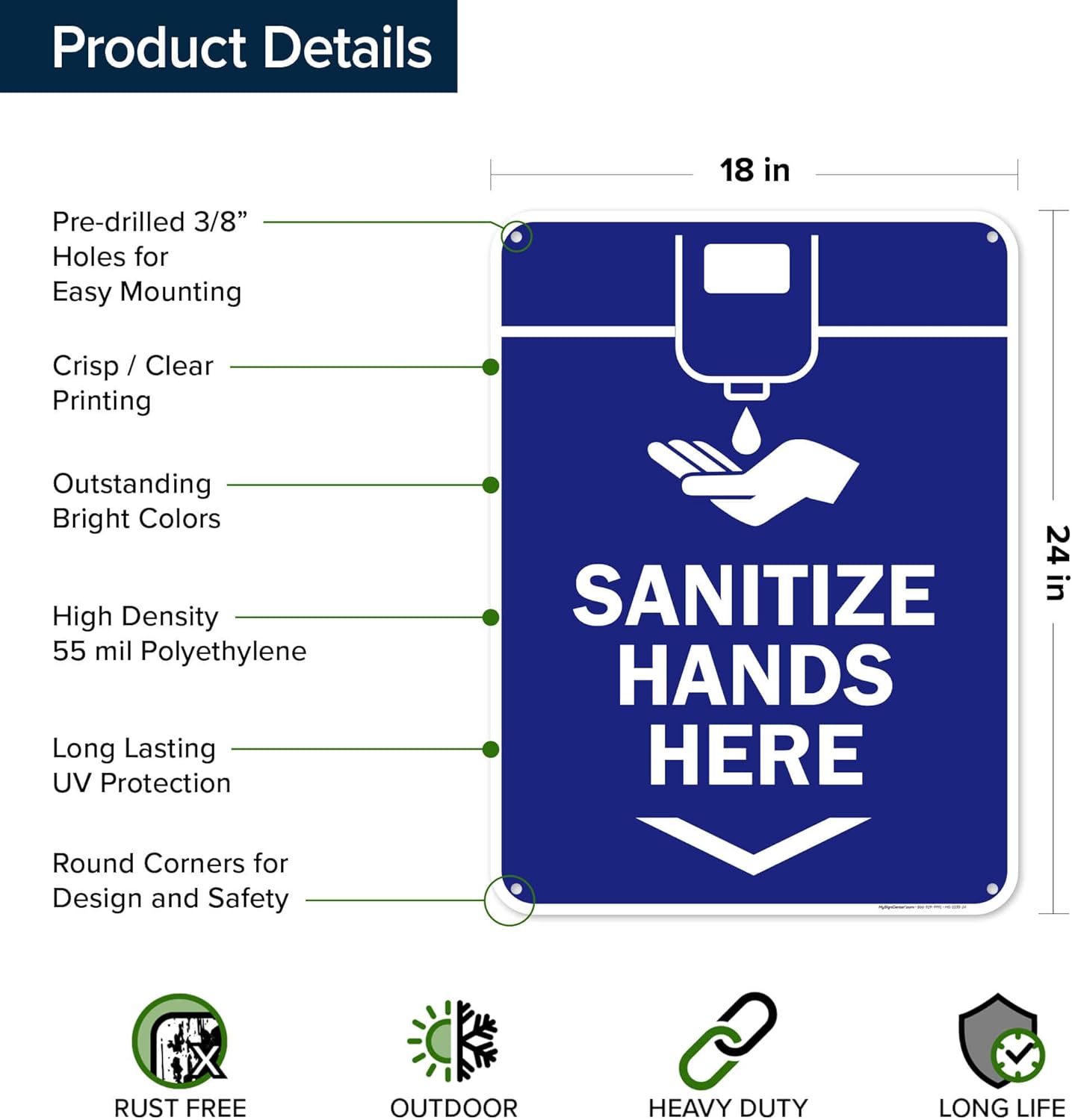 Sanitize Hands Here Sign, 18"x24" Polyethylene, Indoor/Outdoor Use, USA MADE By My Sign Center