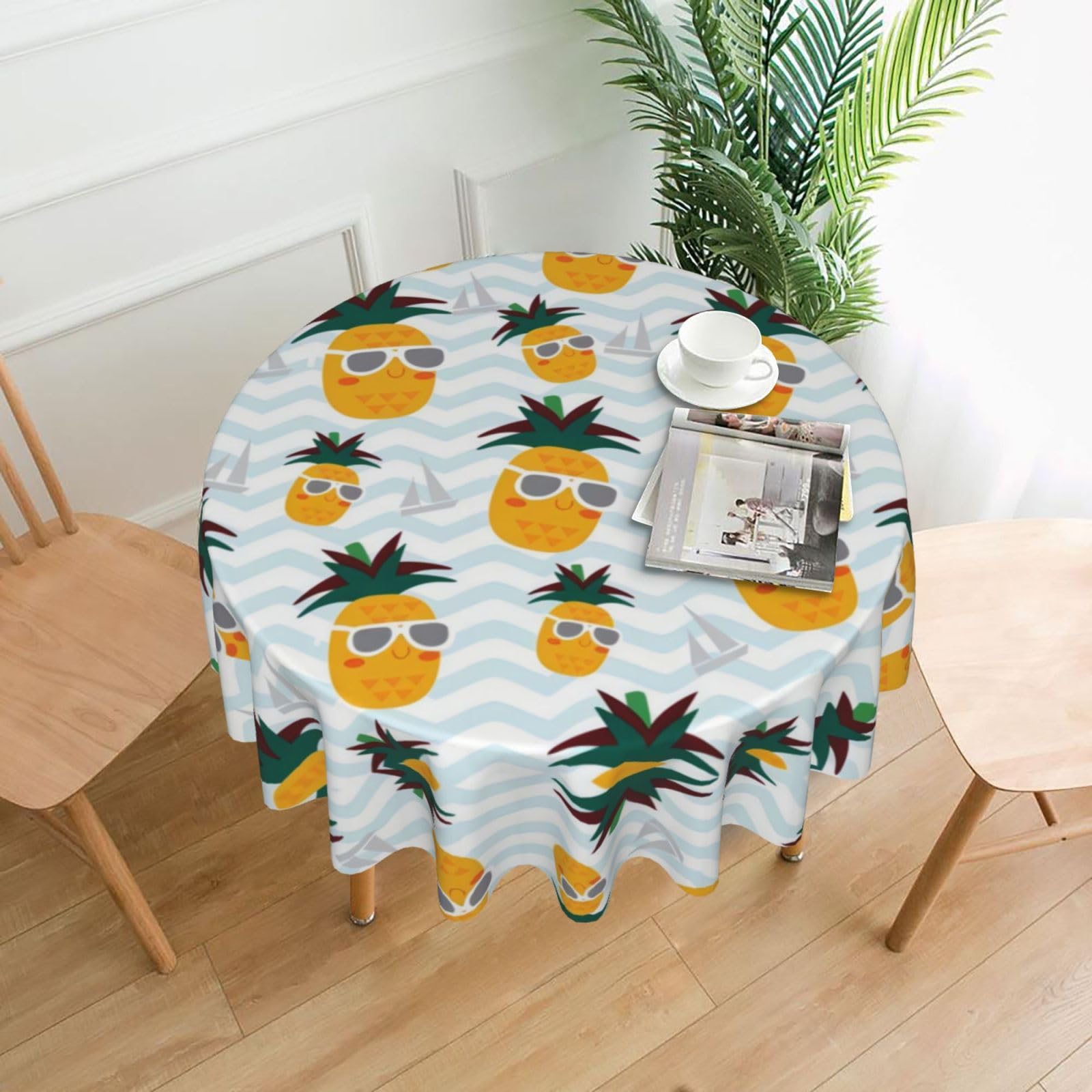 HLSBSSL Cute Pineapple Printed round decorative tablecloth, 60 inches, suitable for various tables in the living room, dining room, coffee table, etc.