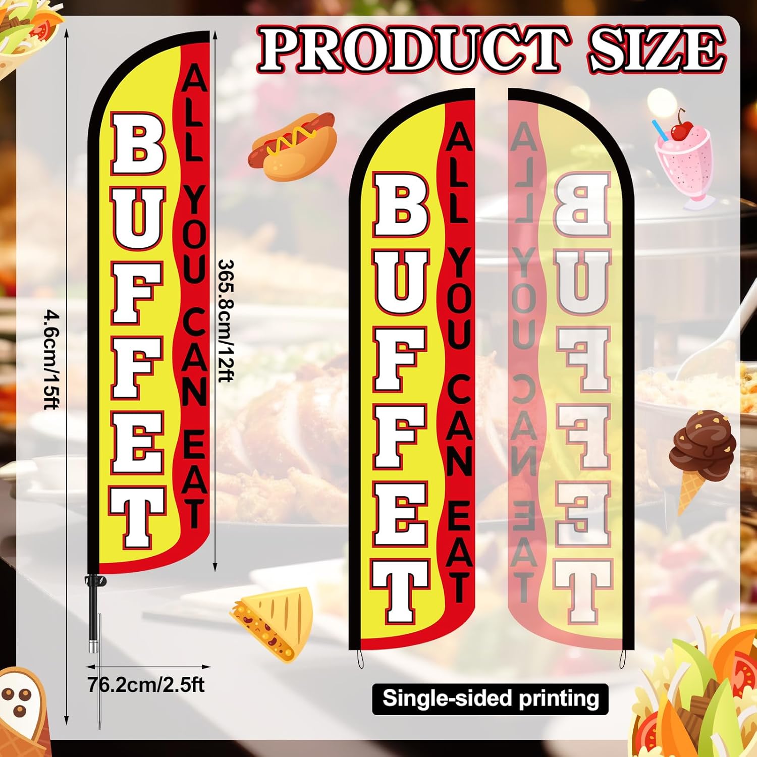 HunnmingRe 1 Set 15 ft Buffet All You Can Eat Feather Flag with Flagpole Kit and Carry Bag, Outdoor Advertising Flag, Business Windless Banner, Weatherproof Banner Sign for Restaurant Outside Sale