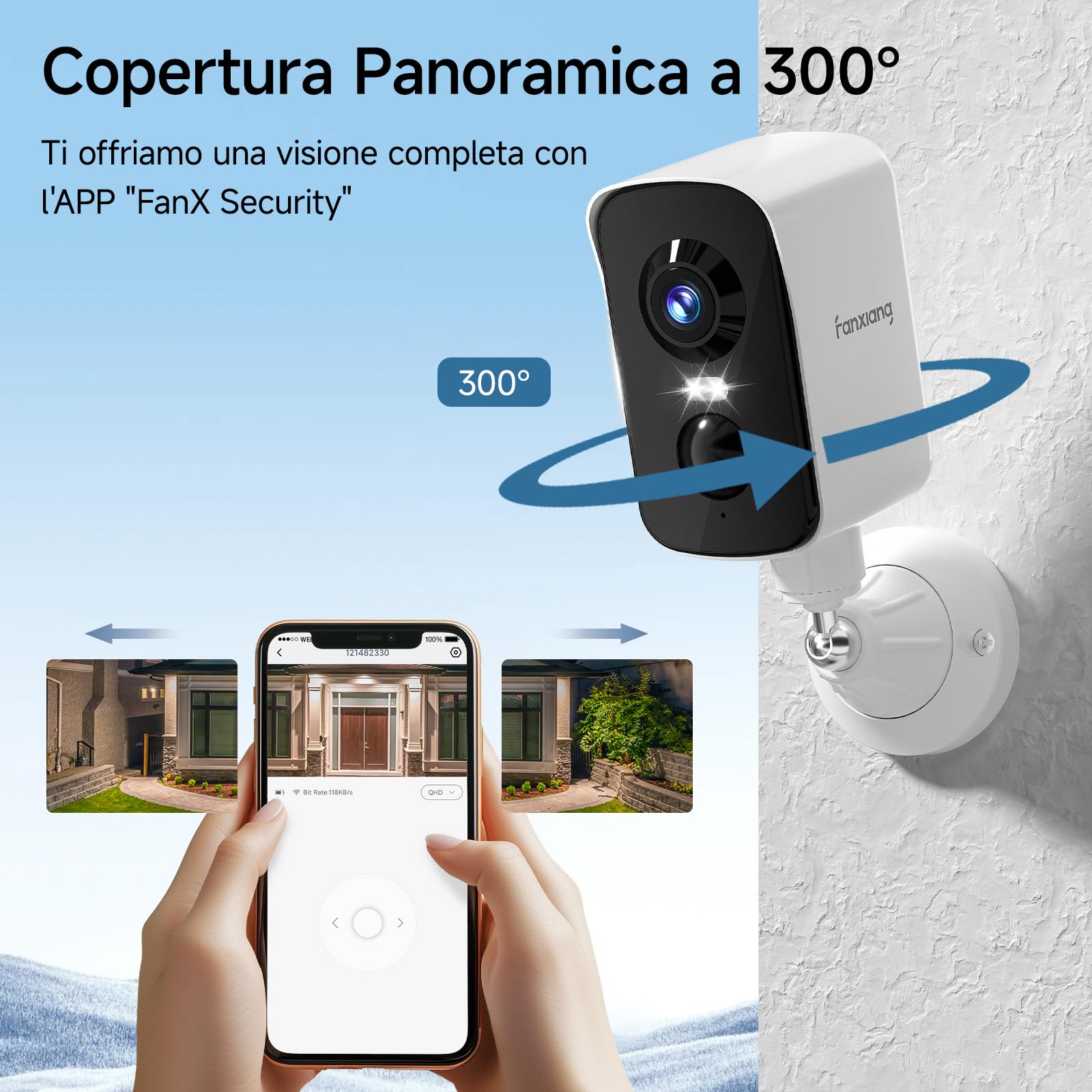 fanxiang Telecamera WiFi Esterno Senza Fili, Telecamera di Sicurezza Wireless con Visione 360°, Batteria Ricaricabile, Visione Notturna a Colori 10m, Rilevamento AI, PIR, IP65
